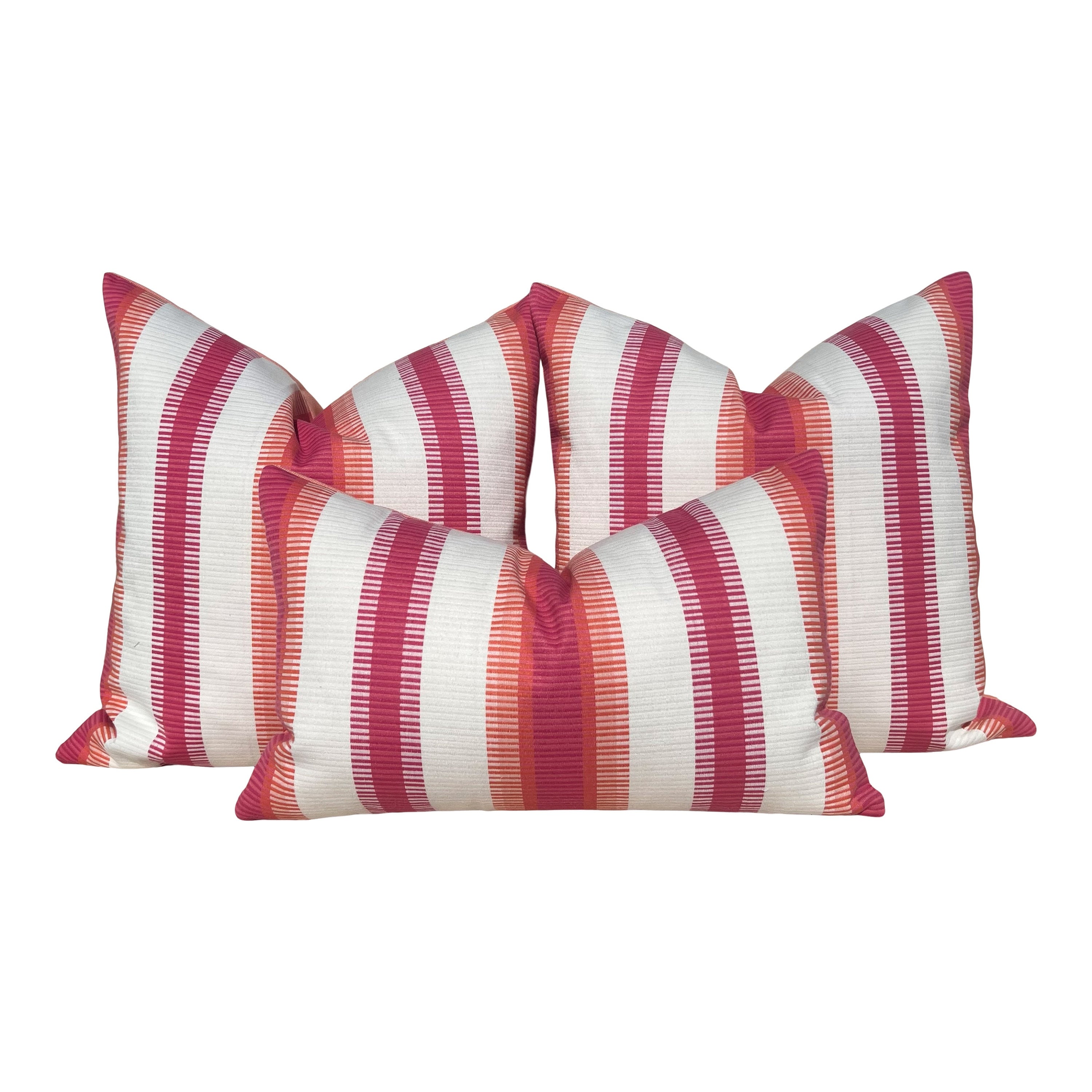 Thibaut Outdoor Woven Samba Stripe Pillow in Magenta and Coral. Outdoor Striped Pillow Cover Fuschia, Designer Accent Perfomance Cushions