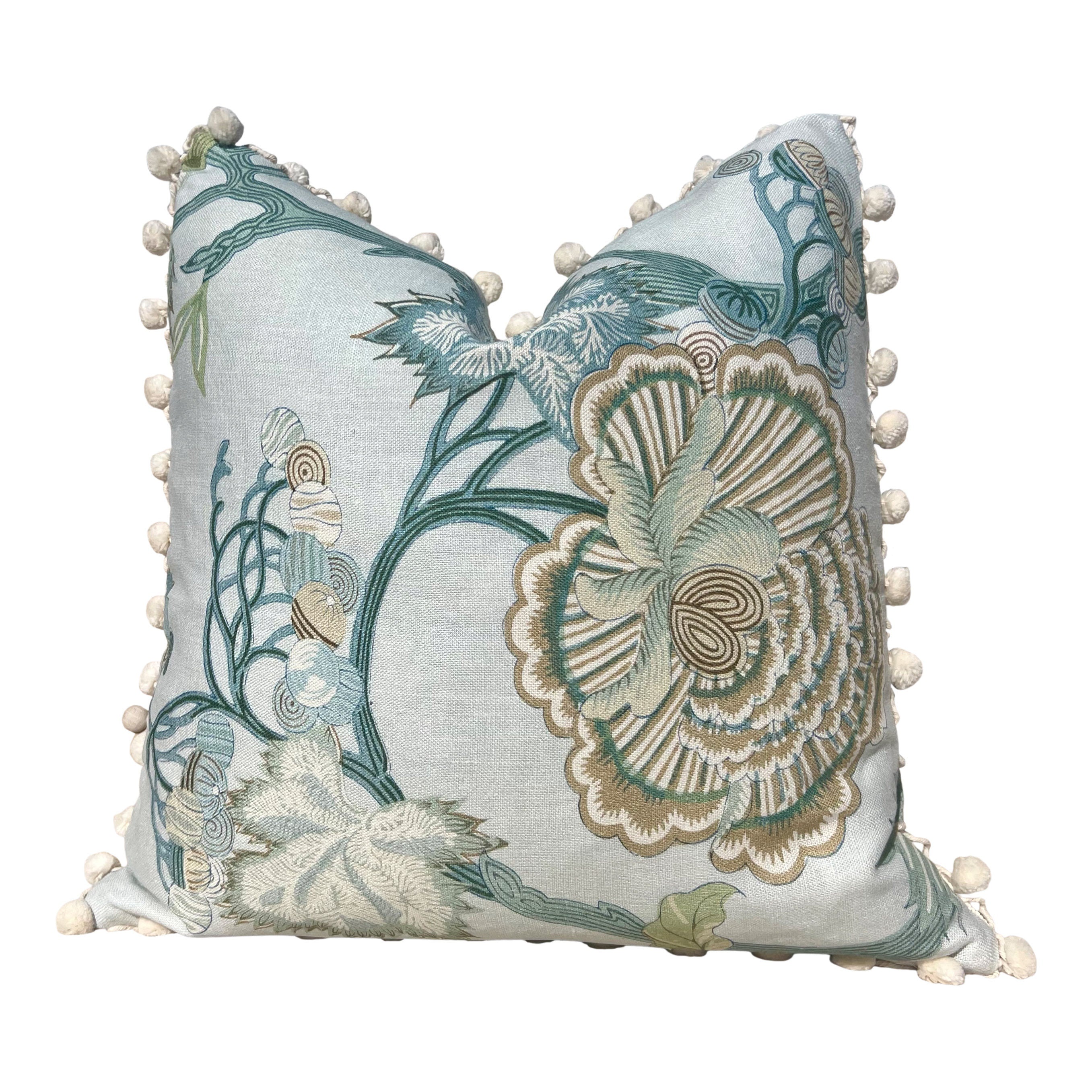 Jacobean Floral Pillow in Aqua, Cotton Rope Trim.