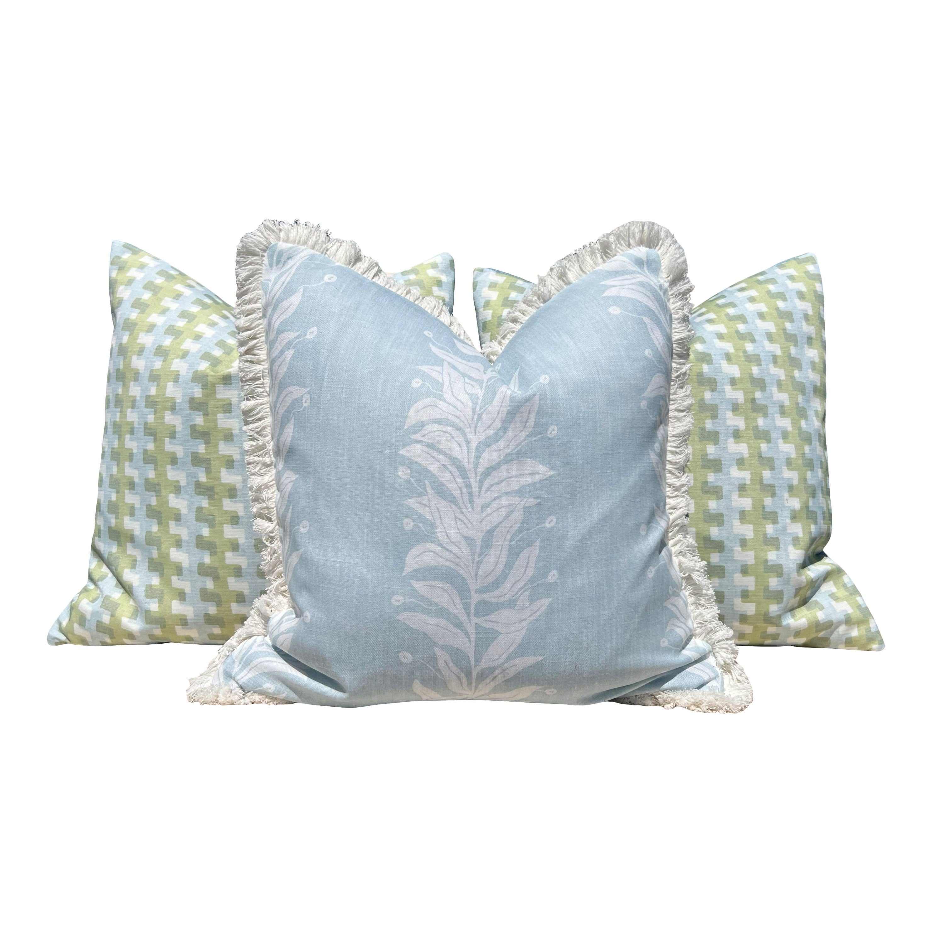 Schumacher Tendril Stripe Outdoor Decorative Pillow in Sky Blue. Designer Pillow Covers, Accent LIght Blue Cushion Cover, Outdoor Deck Decor