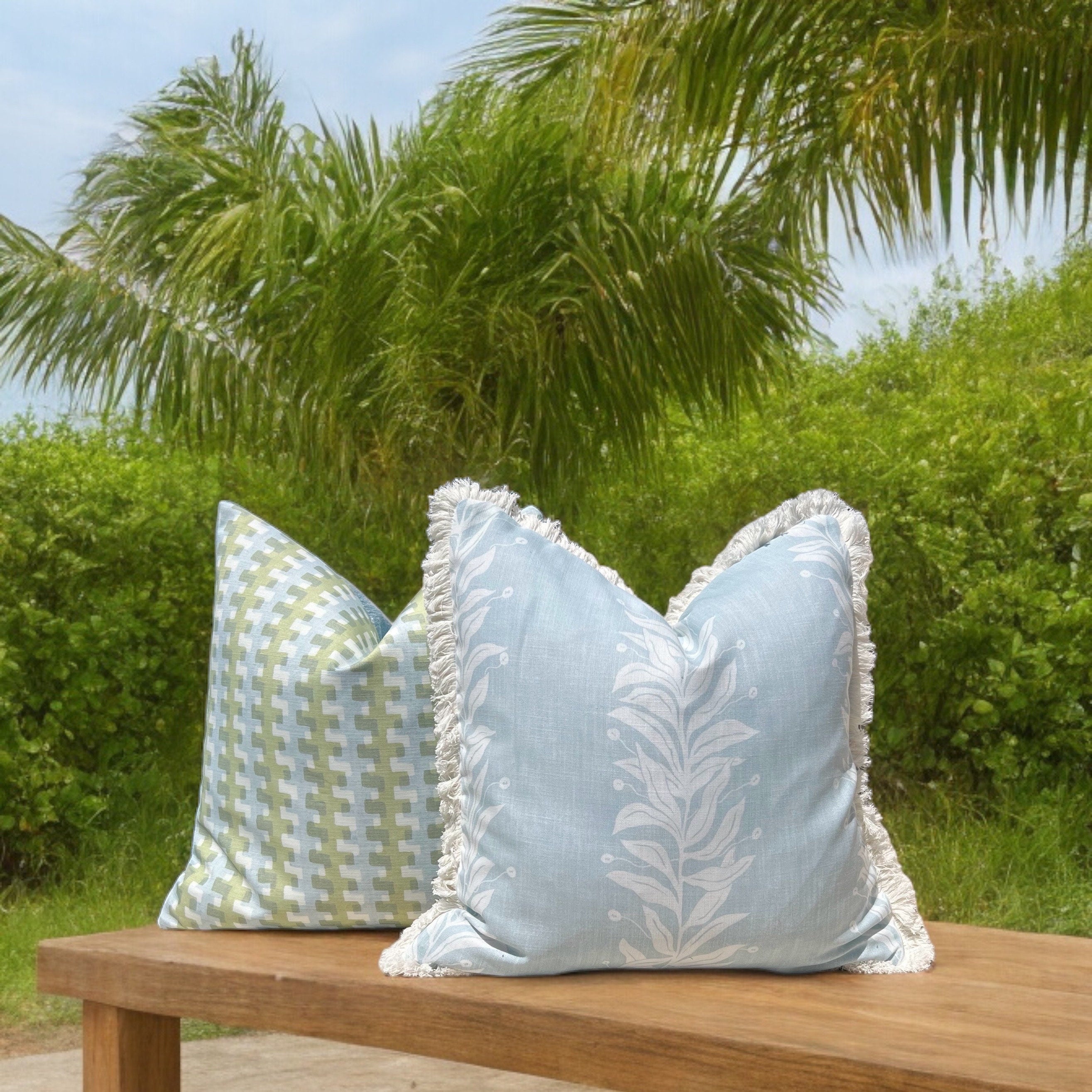 Schumacher Tendril Stripe Outdoor Decorative Pillow in Sky Blue. Designer Pillow Covers, Accent LIght Blue Cushion Cover, Outdoor Deck Decor