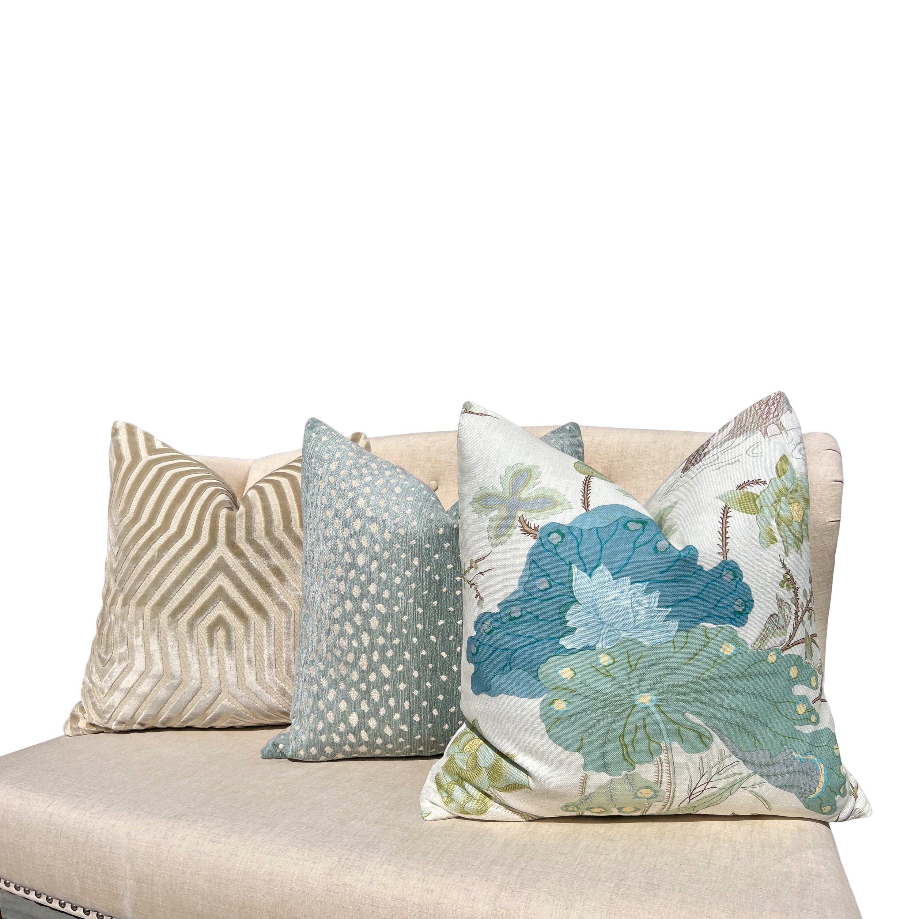 Lee Jofa Luzon Jade Pillow, Designer Aqua Teal Exotic Bird Cushion, Luxury Botanical Linen Pillow Cover, Decorative Linen Pillow in Aqua.