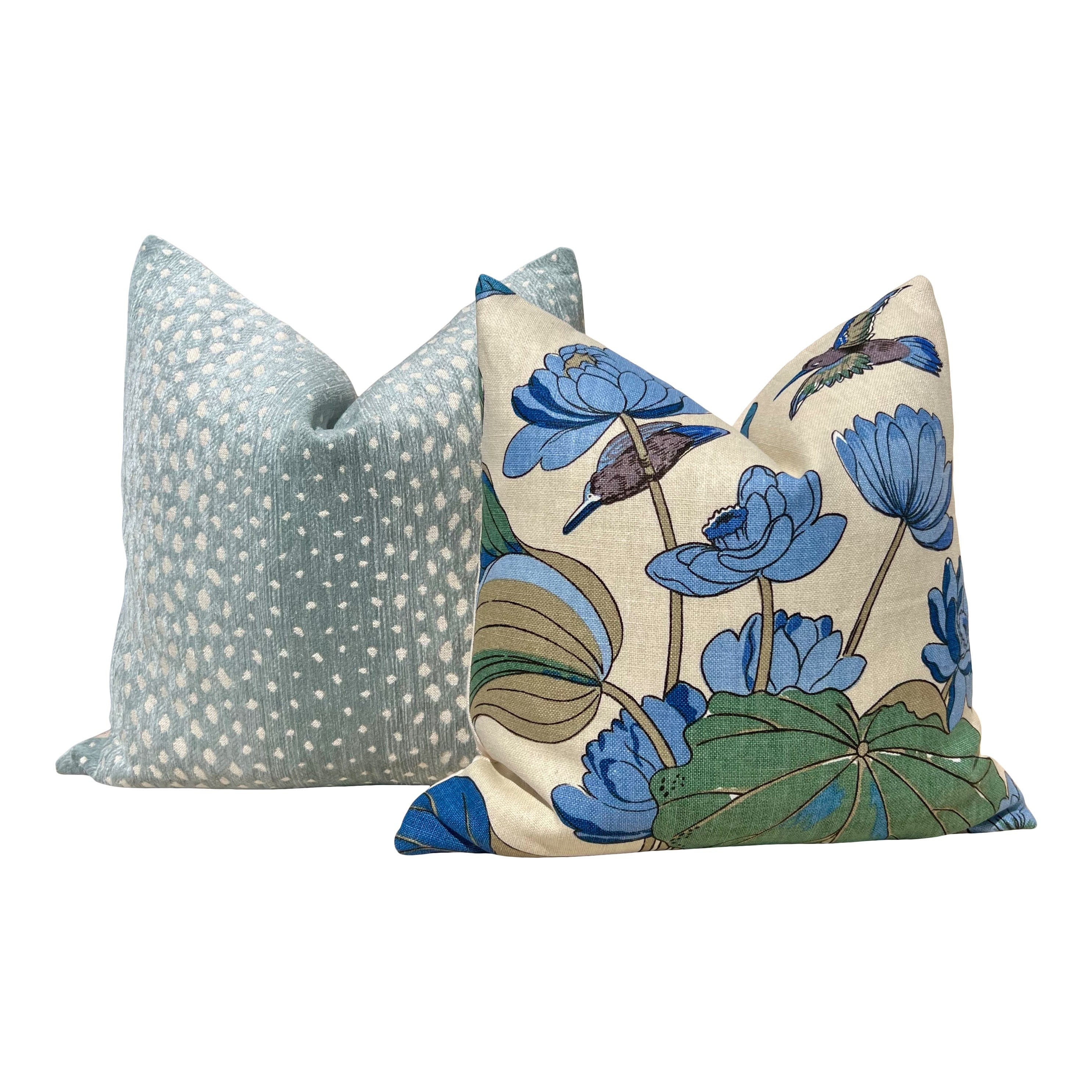 GP & J Baker Nympheus Linen Pillow in Teal. Designer Accent Floral Pillows, High End Cushion Covers, Decorative Exotic Bird Throw Pillow