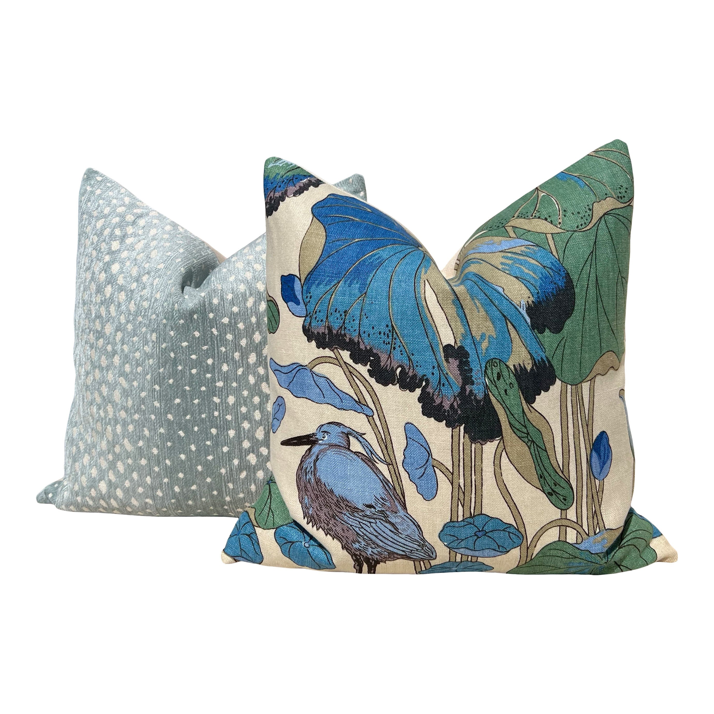 GP & J Baker Nympheus Linen Pillow in Teal. Designer Accent Floral Pillows, High End Cushion Covers, Decorative Exotic Bird Throw Pillow