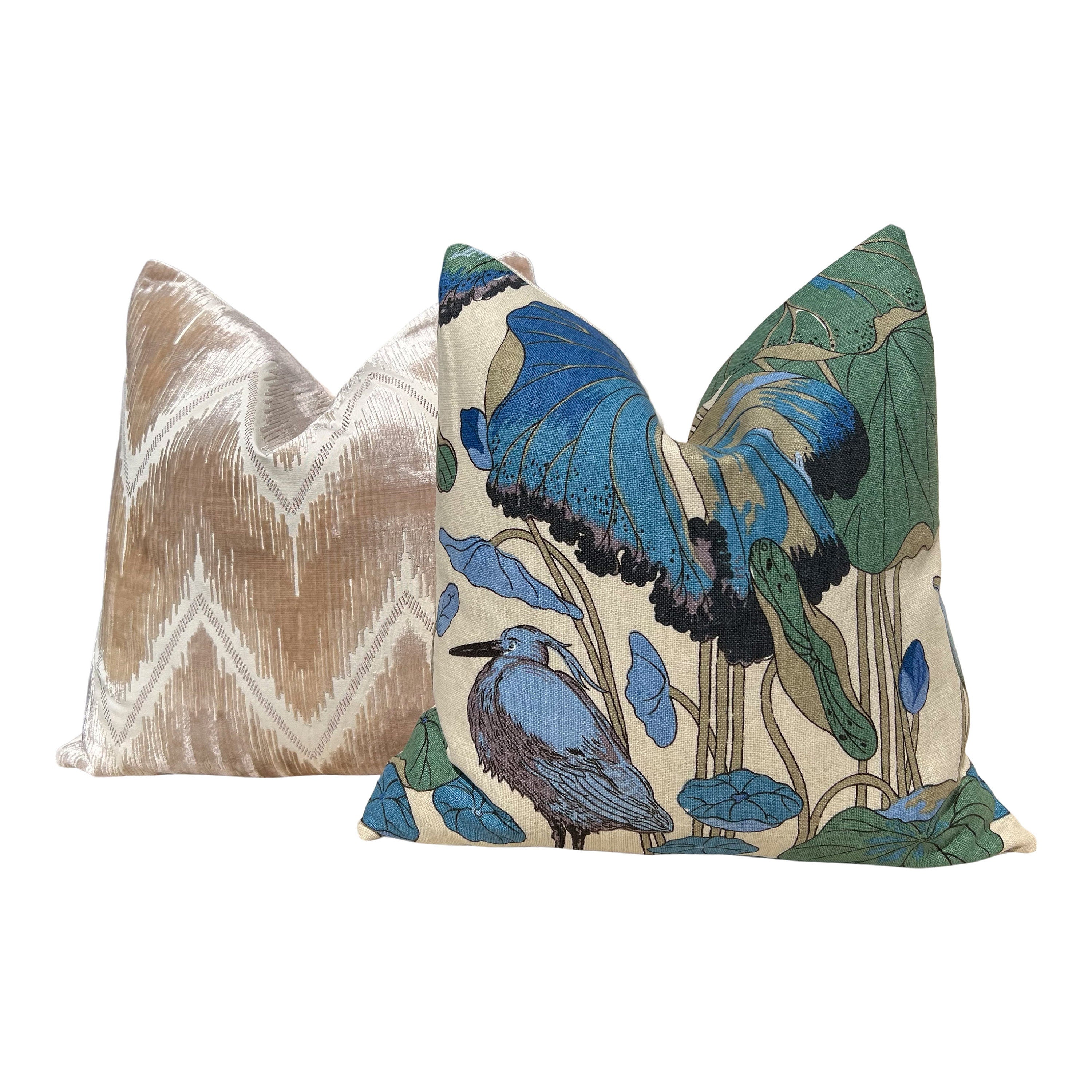 GP & J Baker Nympheus Linen Pillow in Teal. Designer Accent Floral Pillows, High End Cushion Covers, Decorative Exotic Bird Throw Pillow