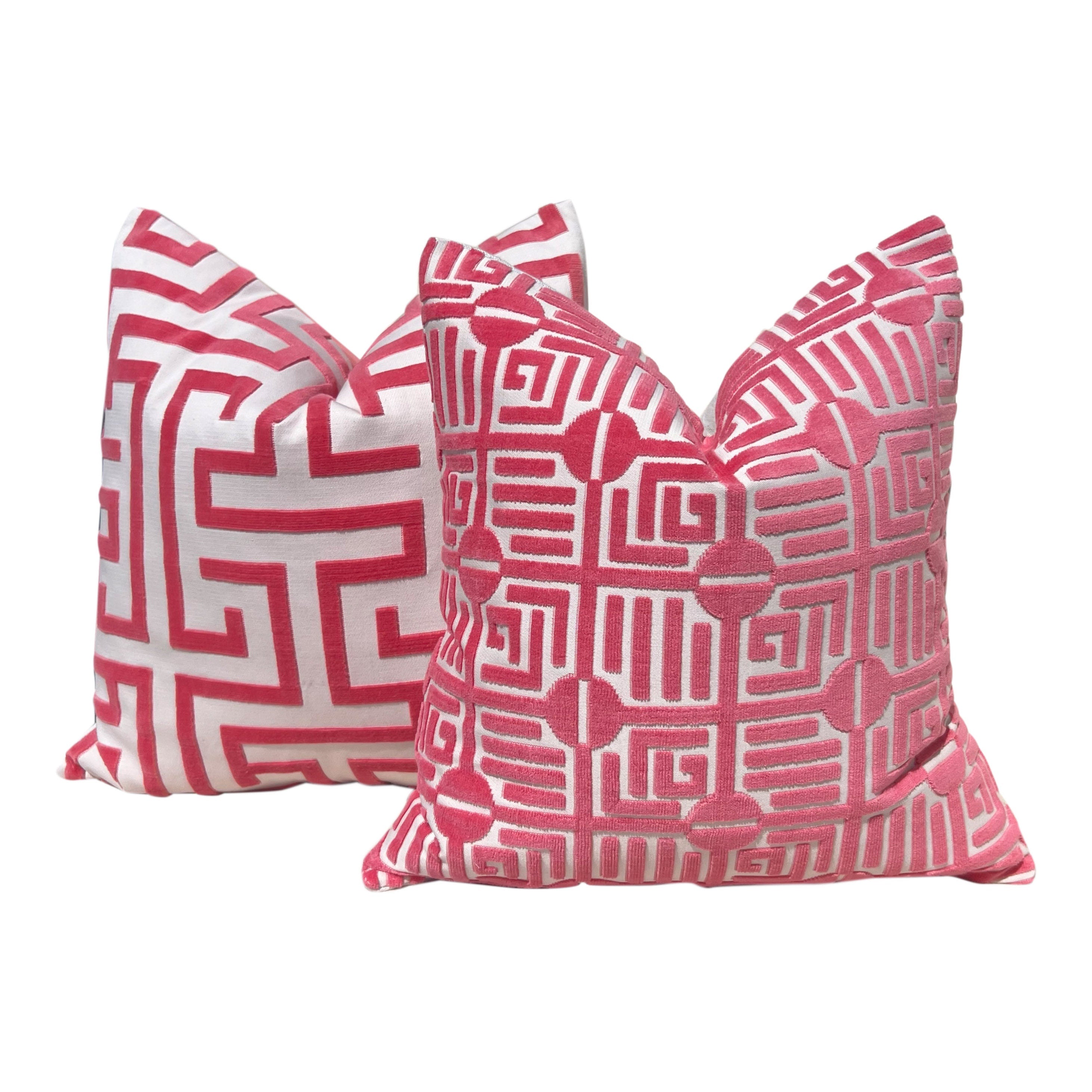 Thibaut Labyrinth Velvet Pillow in Coral. High End Designer Raised Velvet Cushion Covers, Accent Geometric Velvet Pillows, Decorative Pillow