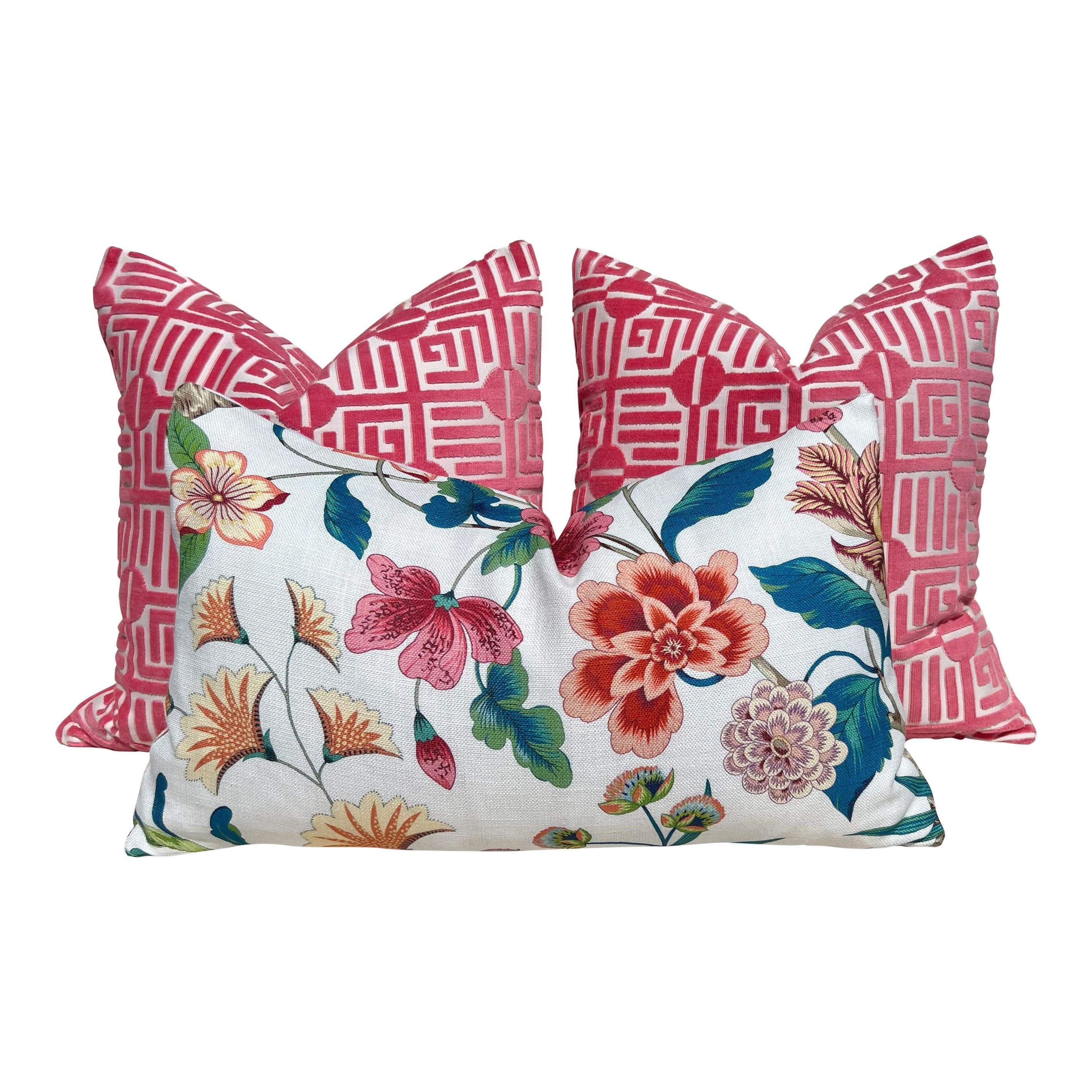 Thibaut Labyrinth Velvet Pillow in Coral. High End Designer Raised Velvet Cushion Covers, Accent Geometric Velvet Pillows, Decorative Pillow