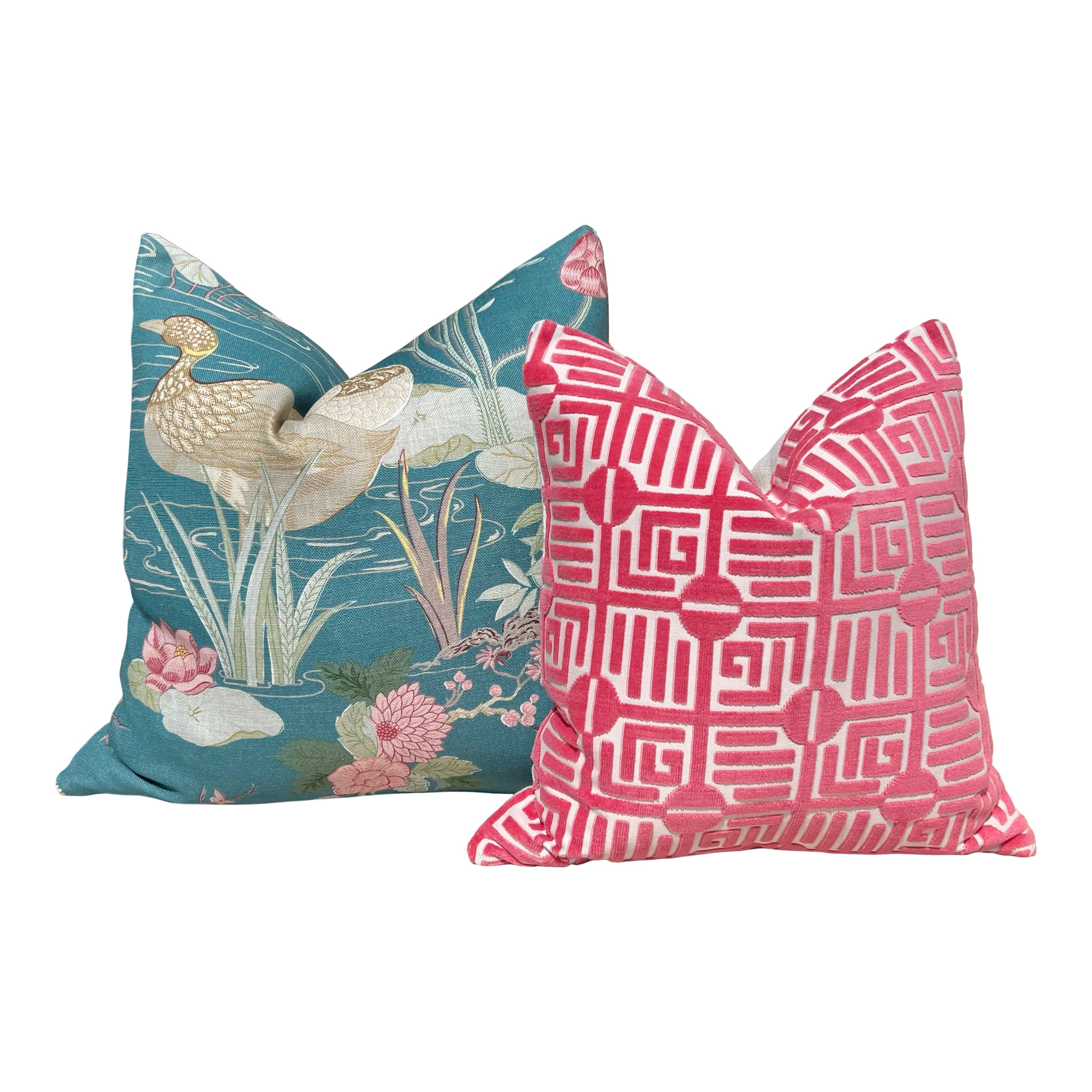 Thibaut Labyrinth Velvet Pillow in Coral. High End Designer Raised Velvet Cushion Covers, Accent Geometric Velvet Pillows, Decorative Pillow