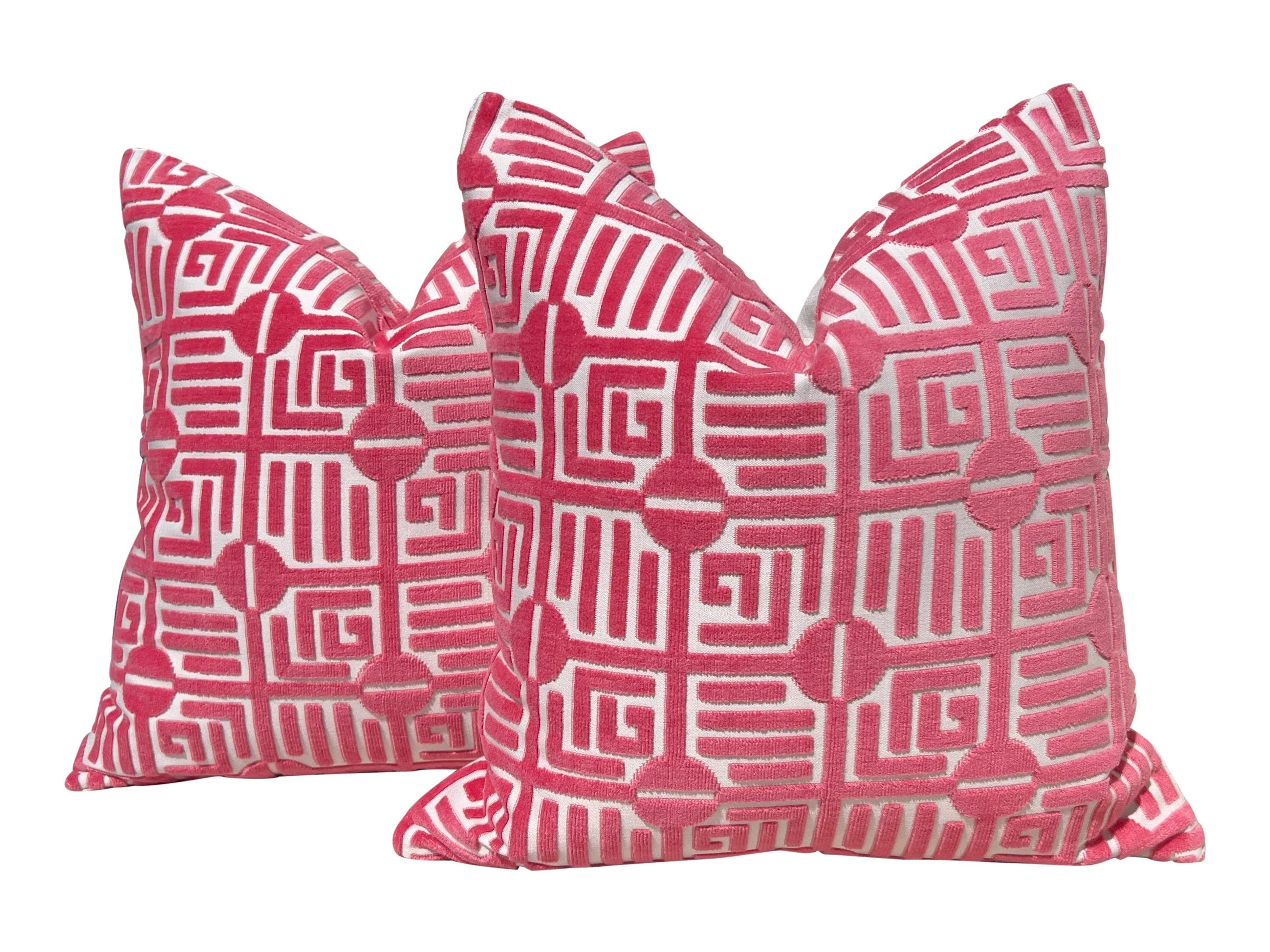Thibaut Labyrinth Velvet Pillow in Coral. High End Designer Raised Velvet Cushion Covers, Accent Geometric Velvet Pillows, Decorative Pillow