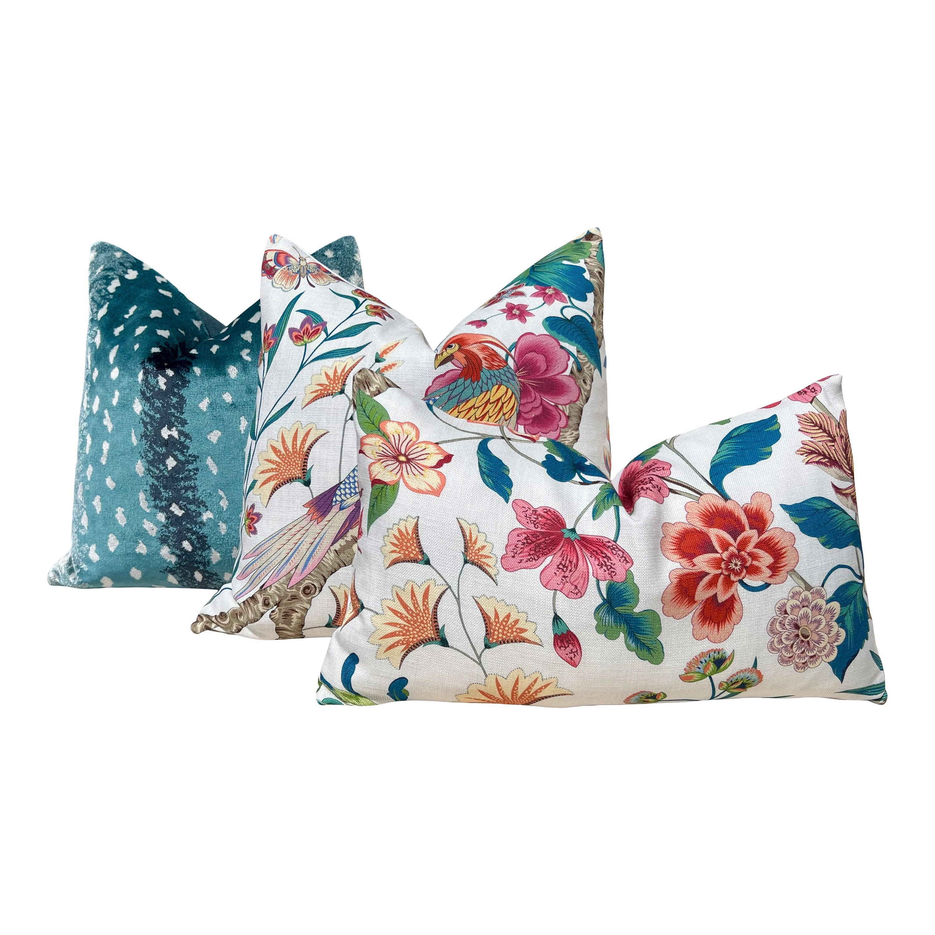 Scalamandre Botany Bay in Multicolor. Exotic Bird Pillow Pink Coral and Teal, Designer Modern Pillows, Accent Tropical Cushion Covers