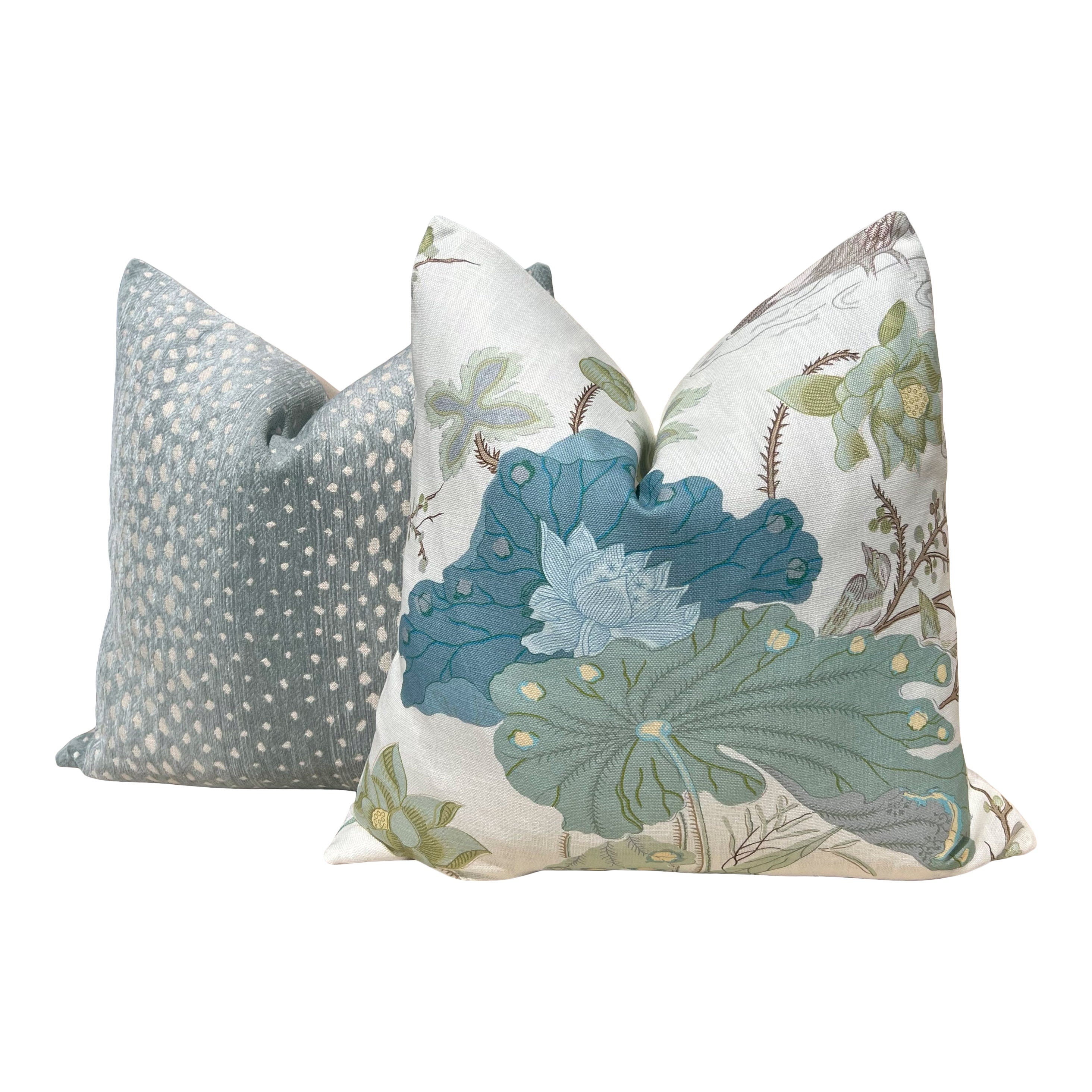 Lee Jofa Luzon Jade Pillow, Designer Aqua Teal Exotic Bird Cushion, Luxury Botanical Linen Pillow Cover, Decorative Linen Pillow in Aqua.
