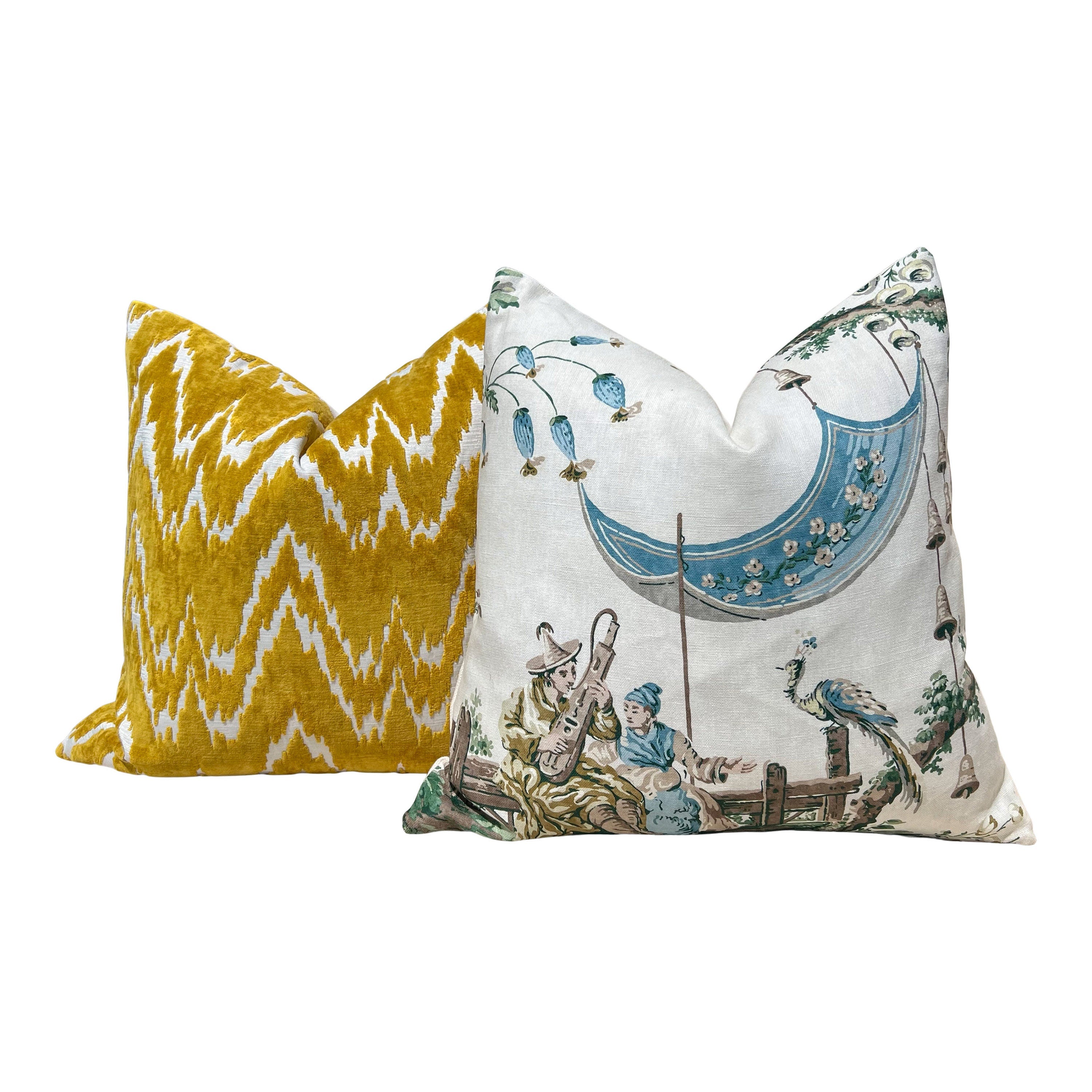 Emperor's Musician Pillow in Evergreen. Designer Linen Pillow Cover in Aqua Blue, Green, Decorative Chinoiserie Linen Cushions, Euro Sham