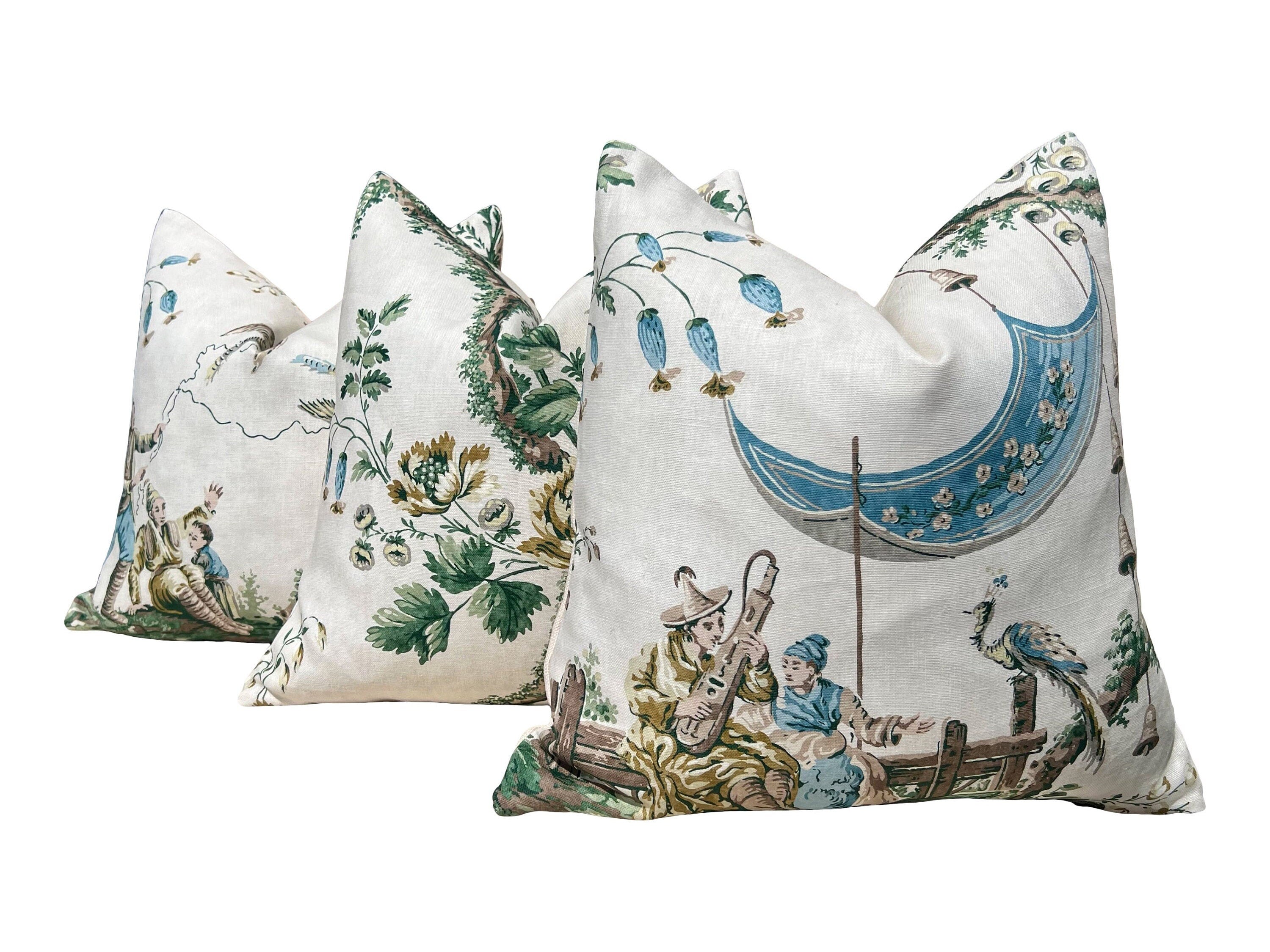 Emperor's Musician Pillow in Evergreen. Designer Linen Pillow Cover in Aqua Blue, Green, Decorative Chinoiserie Linen Cushions, Euro Sham