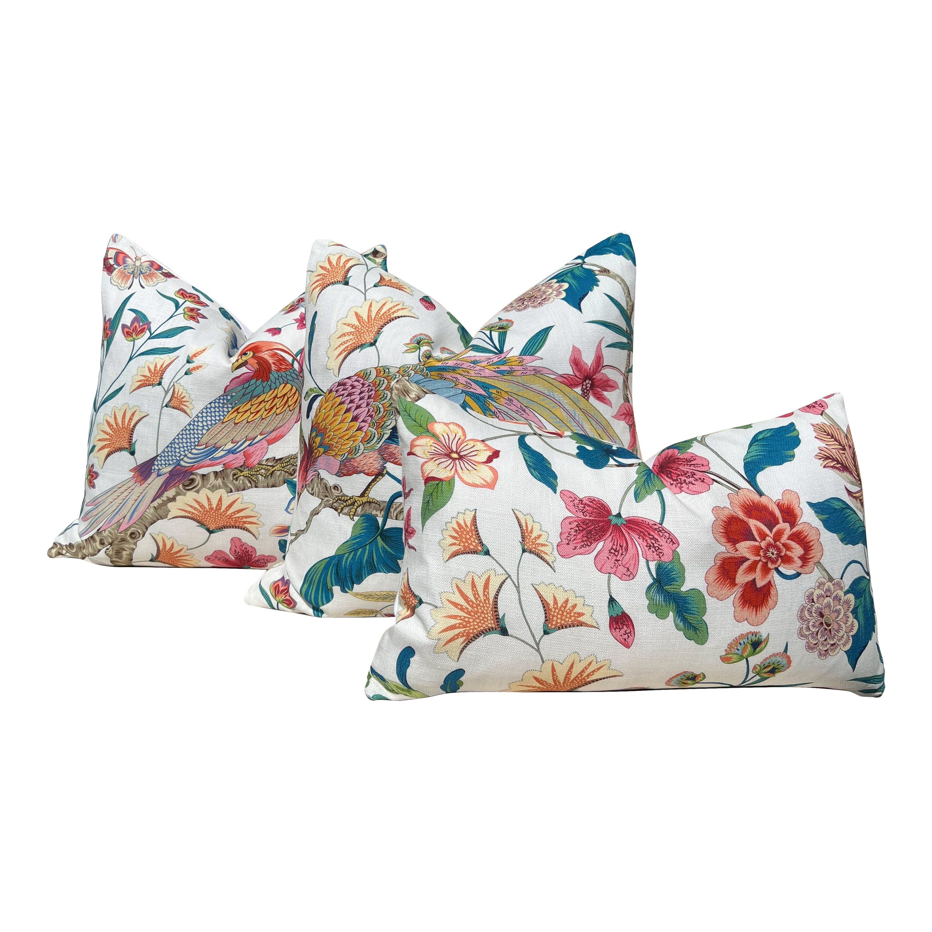 Scalamandre Botany Bay in Multicolor. Exotic Bird Pillow Pink Coral and Teal, Designer Modern Pillows, Accent Tropical Cushion Covers