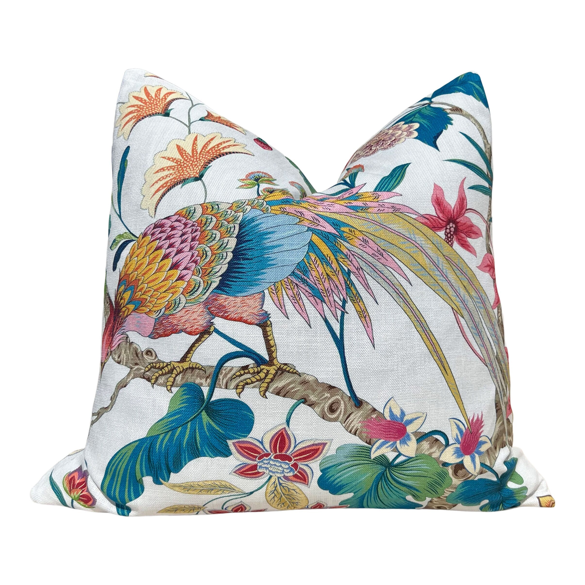 Scalamandre Botany Bay in Multicolor. Exotic Bird Pillow Pink Coral and Teal, Designer Modern Pillows, Accent Tropical Cushion Covers