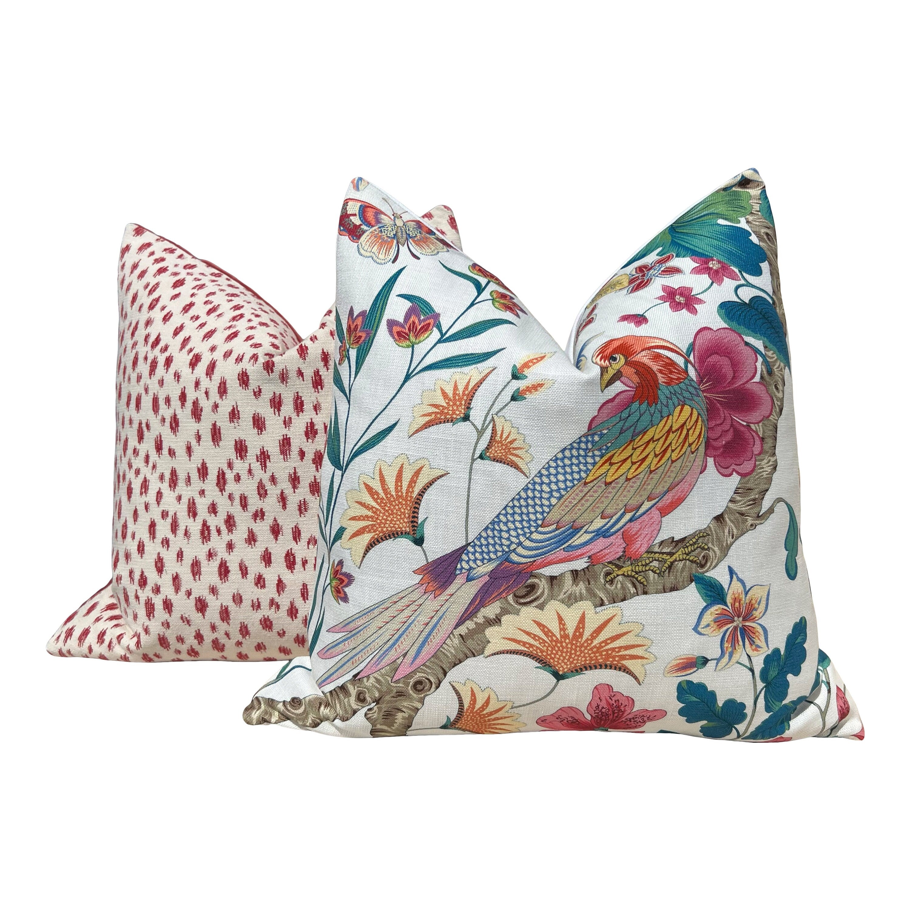 Scalamandre Botany Bay in Multicolor. Exotic Bird Pillow Pink Coral and Teal, Designer Modern Pillows, Accent Tropical Cushion Covers