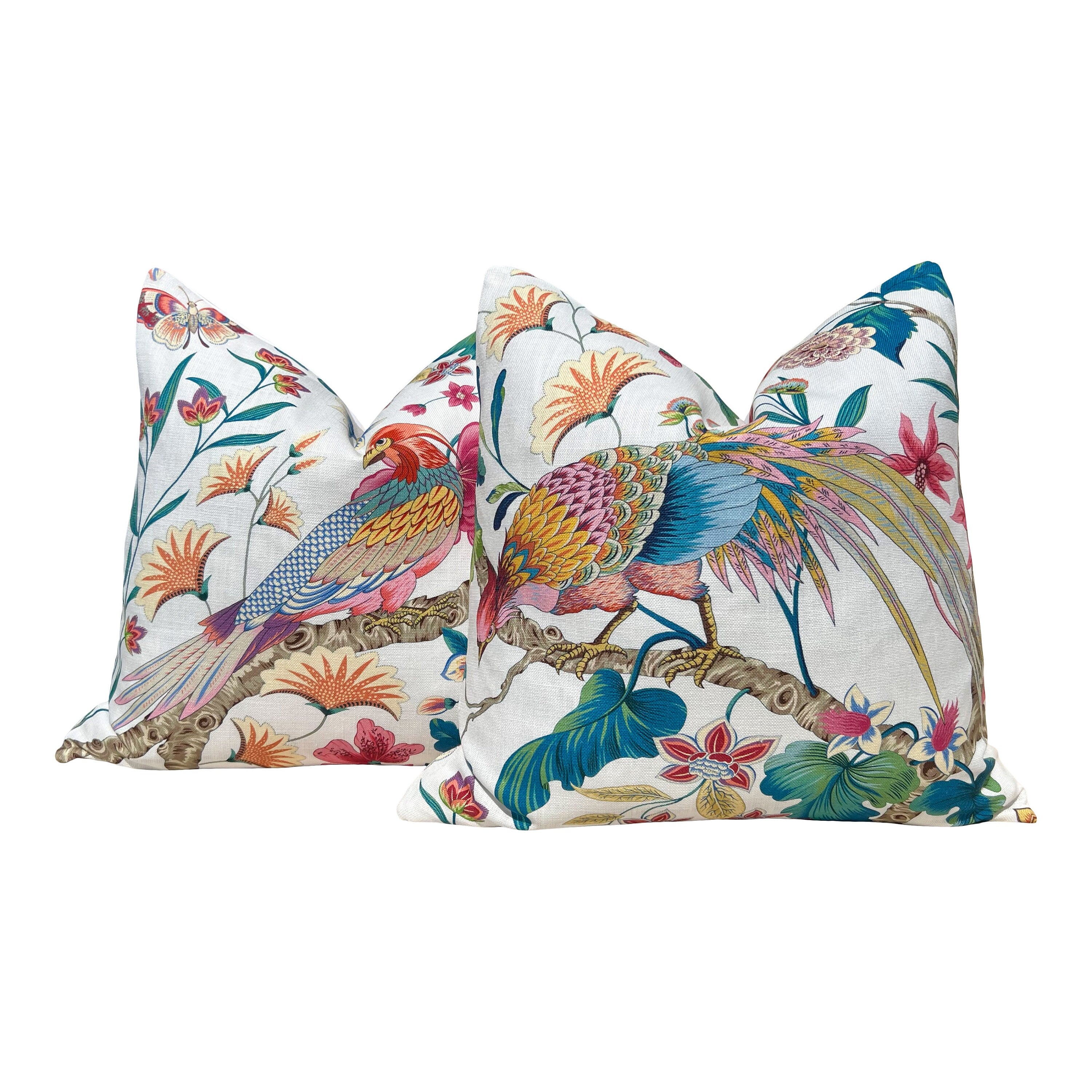 Scalamandre Botany Bay in Multicolor. Exotic Bird Pillow Pink Coral and Teal, Designer Modern Pillows, Accent Tropical Cushion Covers
