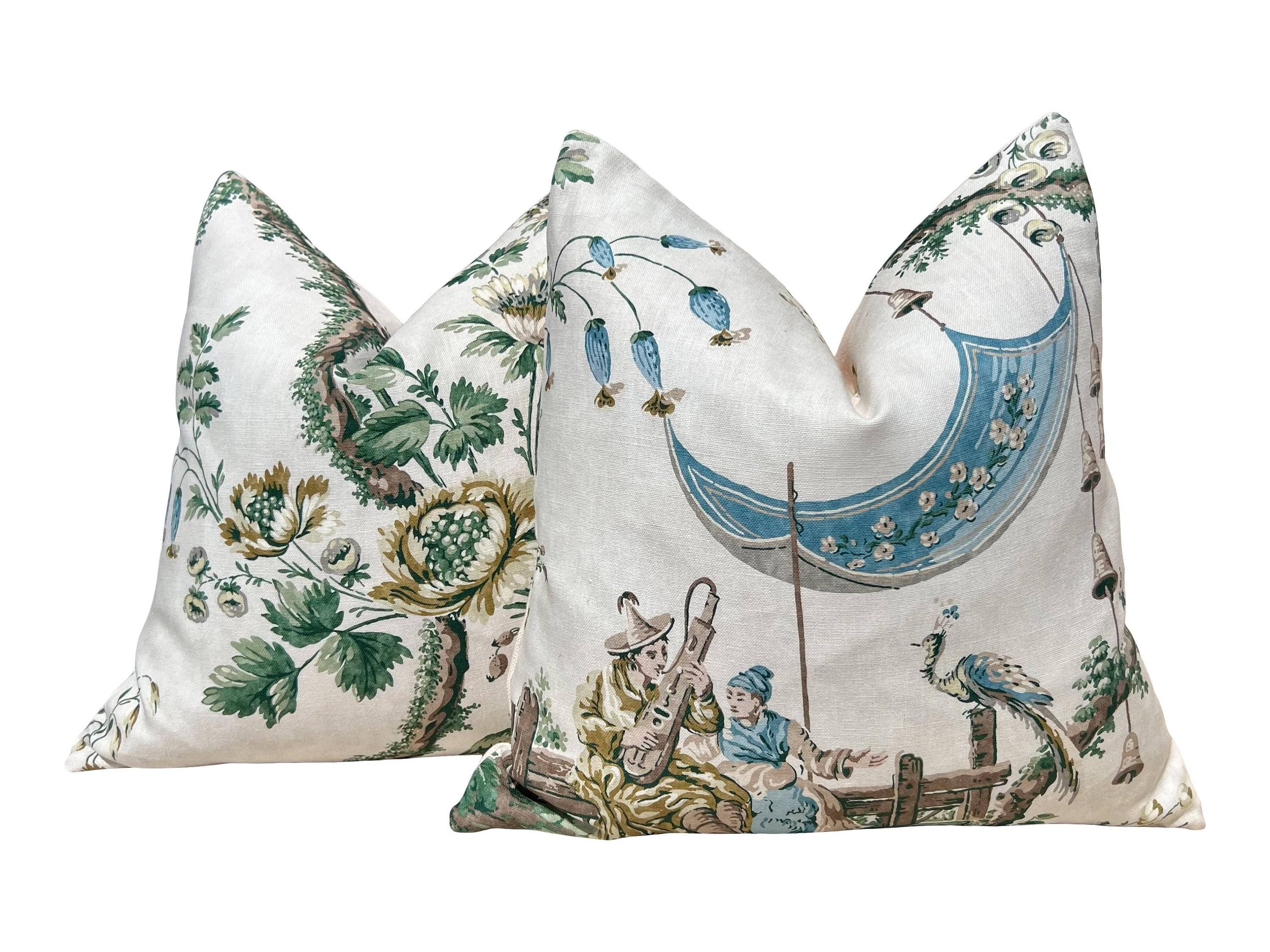 Emperor's Musician Pillow in Evergreen. Designer Linen Pillow Cover in Aqua Blue, Green, Decorative Chinoiserie Linen Cushions, Euro Sham