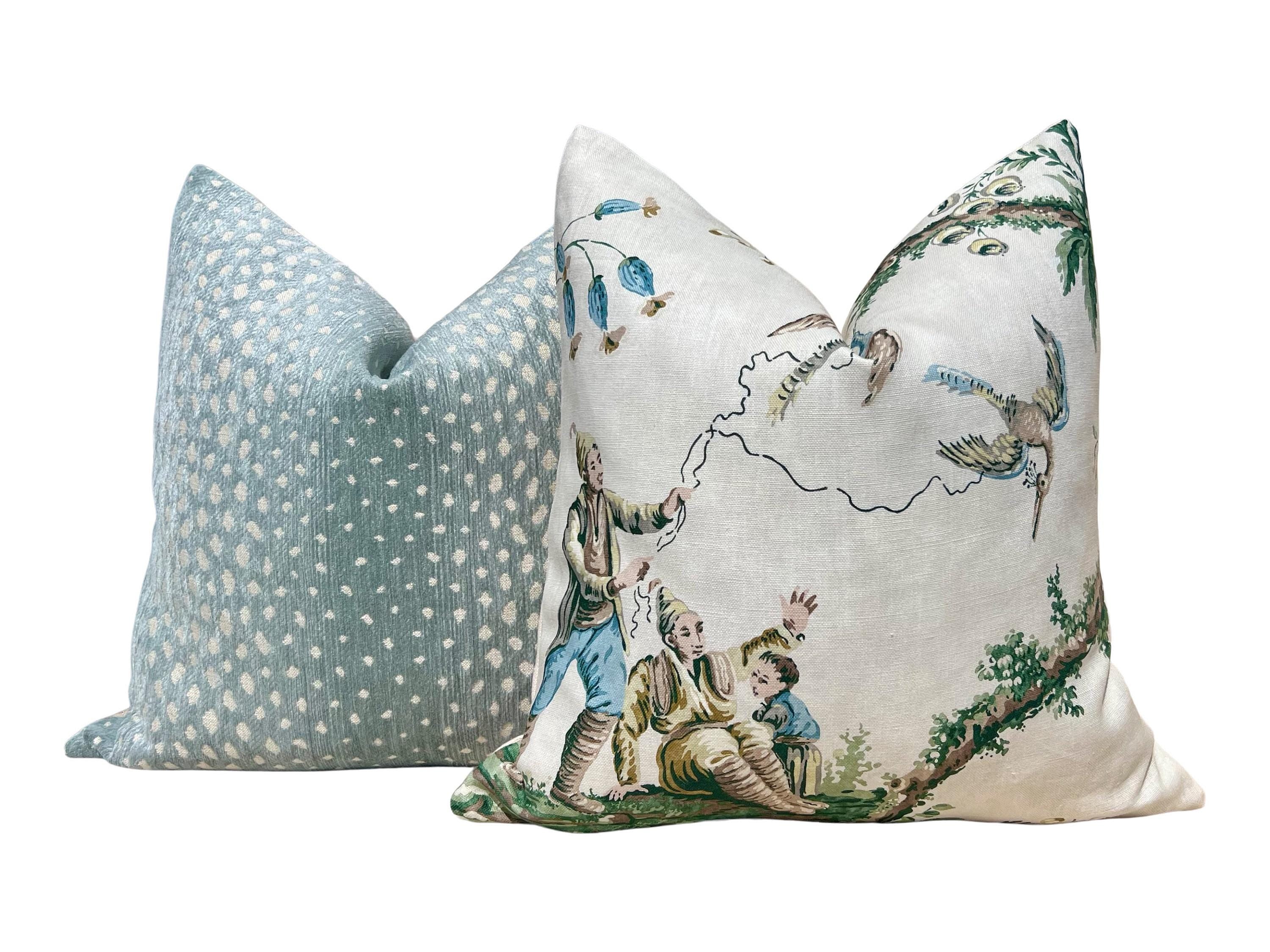 Emperor's Musician Pillow in Evergreen. Designer Linen Pillow Cover in Aqua Blue, Green, Decorative Chinoiserie Linen Cushions, Euro Sham