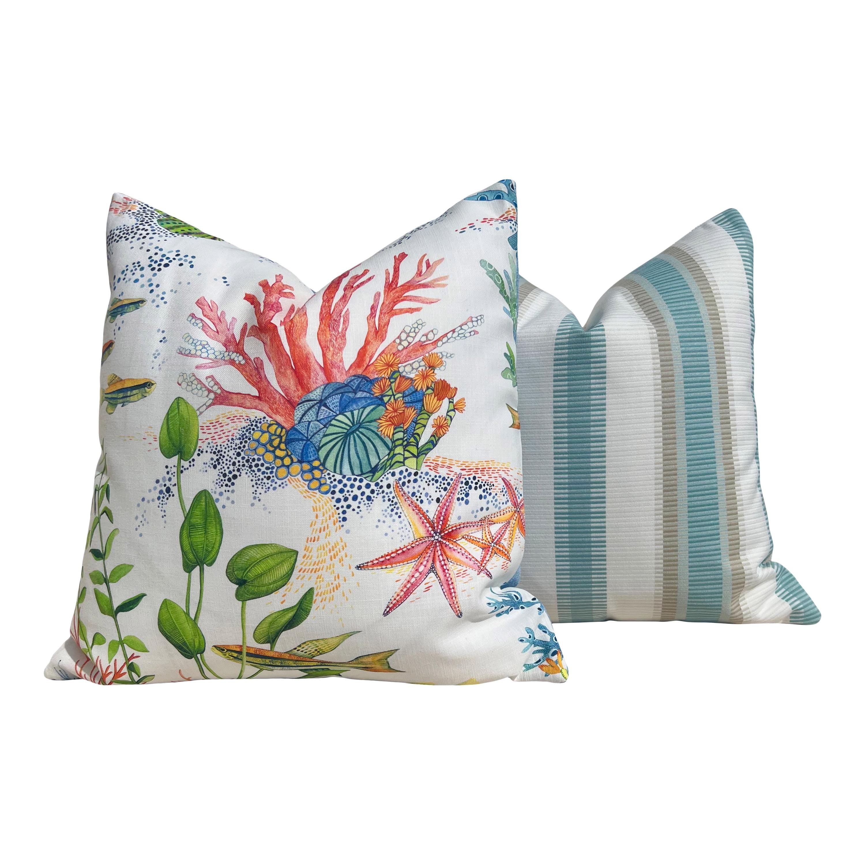 Designer Coralline Outdoor Decorative Pillow in Blue and Coral. Outdoor Designer Pillow Covers, Accent Tropical Cushion Covers Sea Life