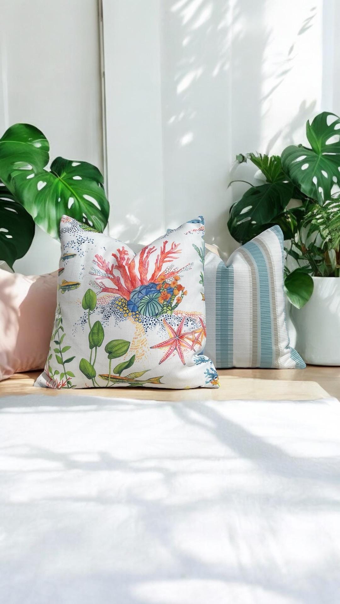 Designer Coralline Outdoor Decorative Pillow in Blue and Coral. Outdoor Designer Pillow Covers, Accent Tropical Cushion Covers Sea Life