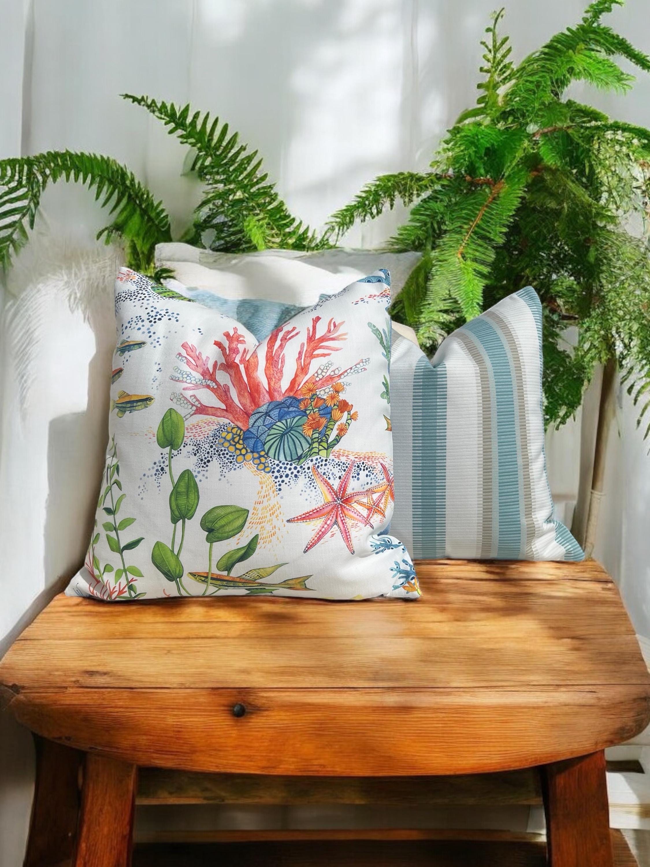 Designer Coralline Outdoor Decorative Pillow in Blue and Coral. Outdoor Designer Pillow Covers, Accent Tropical Cushion Covers Sea Life