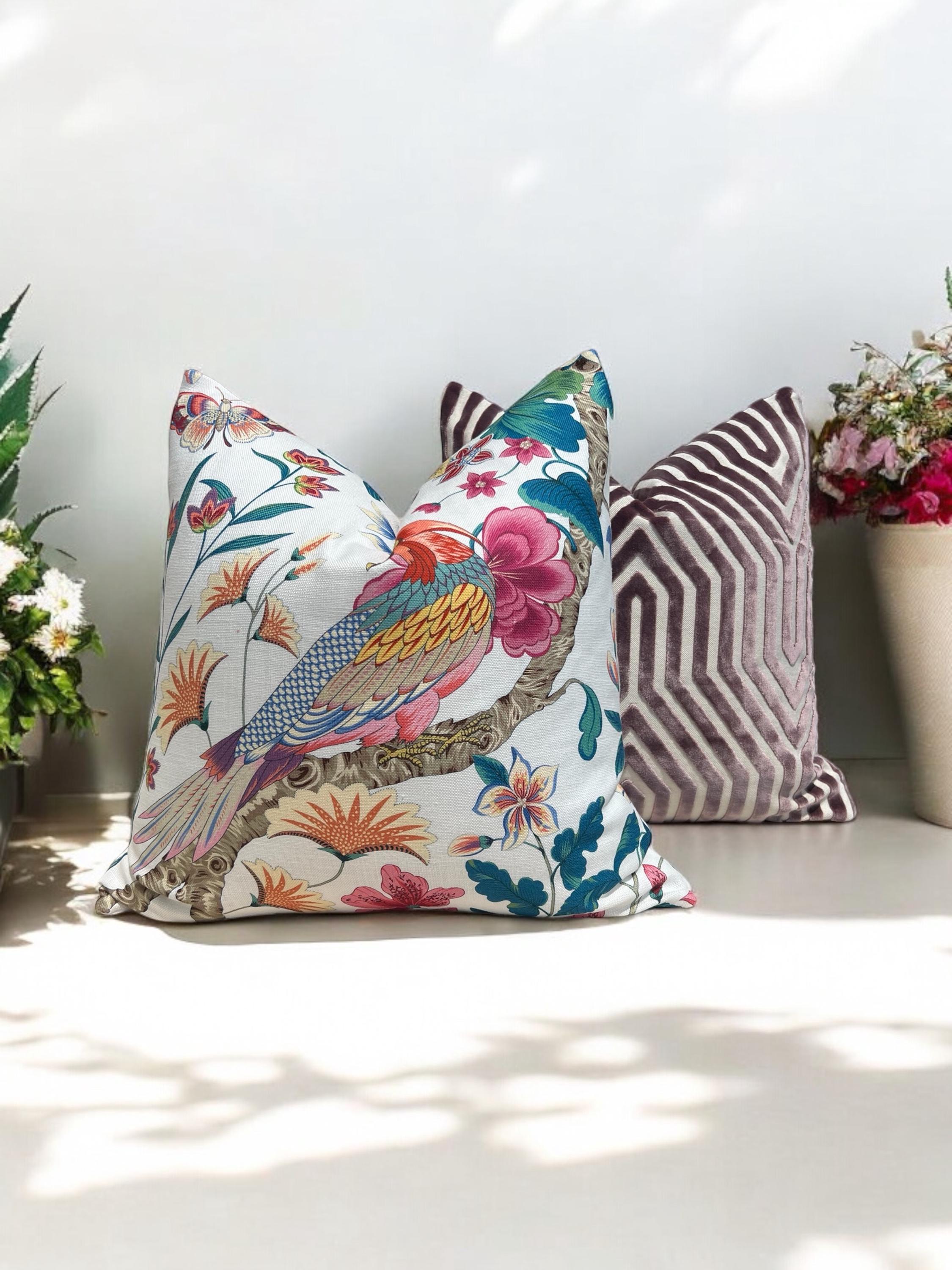Scalamandre Botany Bay in Multicolor. Exotic Bird Pillow Pink Coral and Teal, Designer Modern Pillows, Accent Tropical Cushion Covers