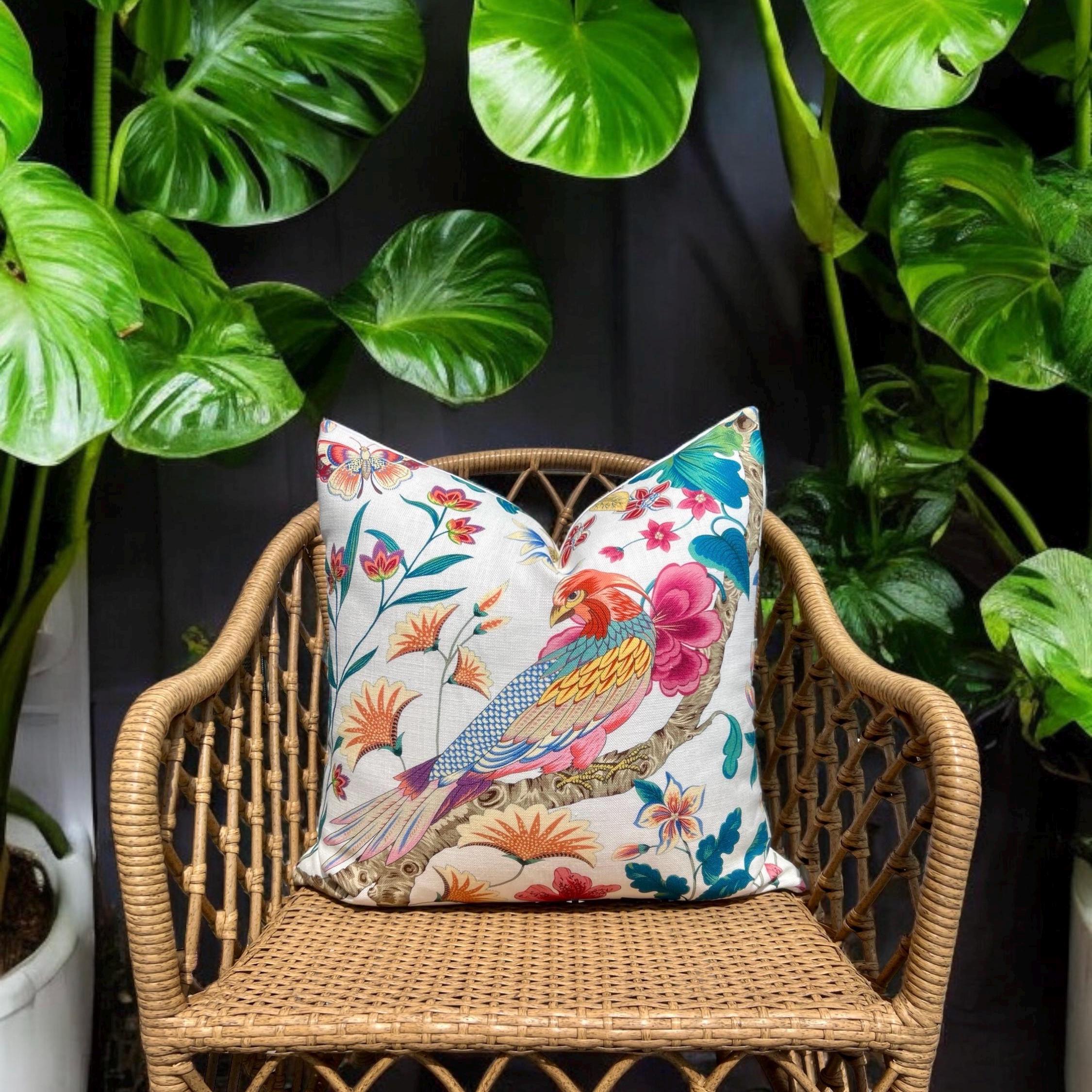Scalamandre Botany Bay in Multicolor. Exotic Bird Pillow Pink Coral and Teal, Designer Modern Pillows, Accent Tropical Cushion Covers