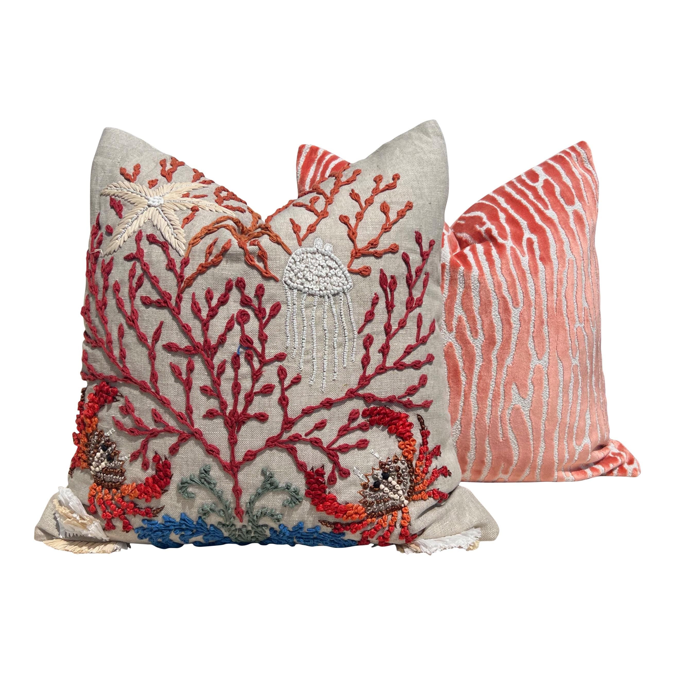 Schumacher Sea Life Embroidered Pillow – Luxury Coral Reef Cushion, Coastal Decor, Designer Embroidery Throw