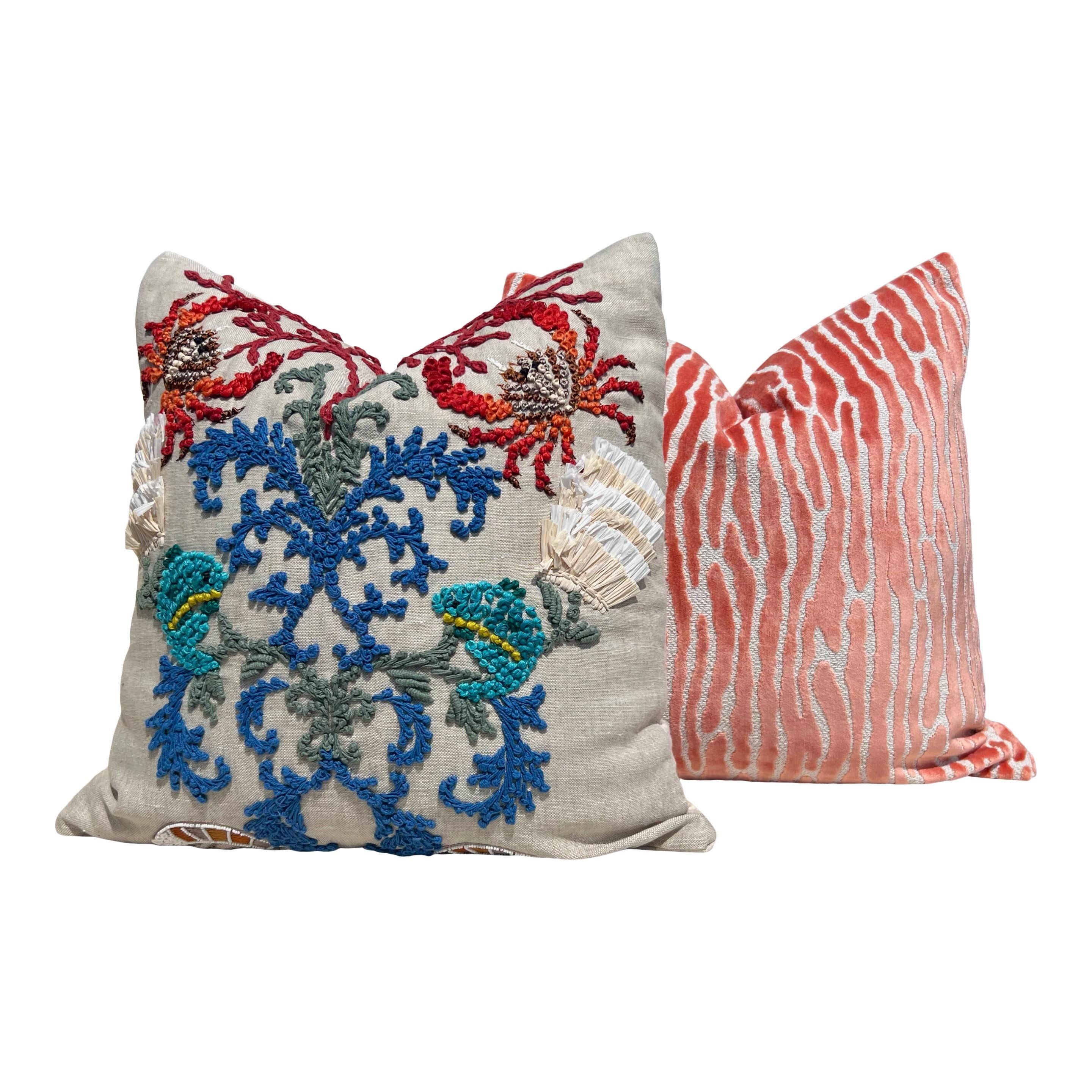 Schumacher Sea Life Embroidered Pillow – Luxury Coral Reef Cushion, Coastal Decor, Designer Embroidery Throw