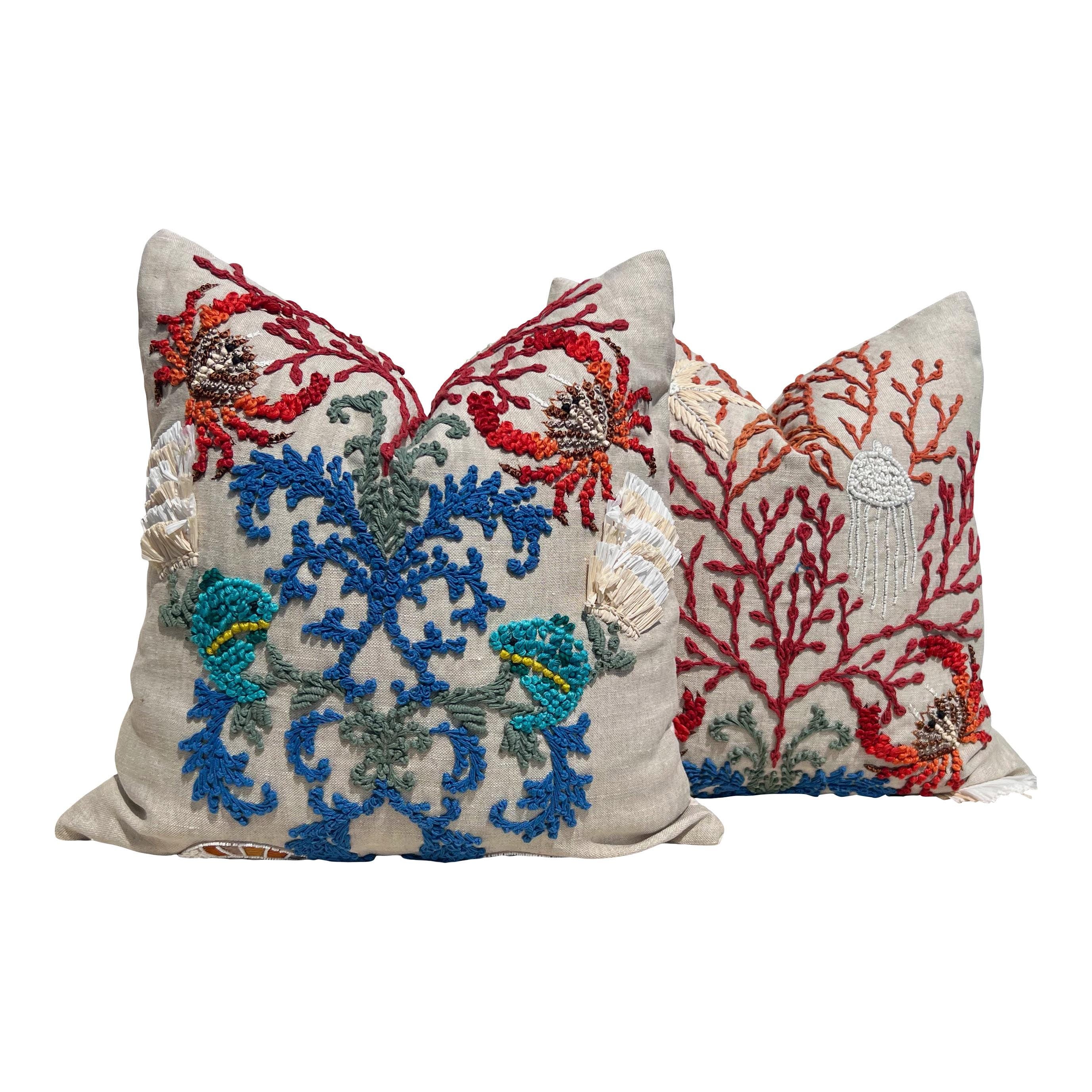 Schumacher Sea Life Embroidered Pillow – Luxury Coral Reef Cushion, Coastal Decor, Designer Embroidery Throw