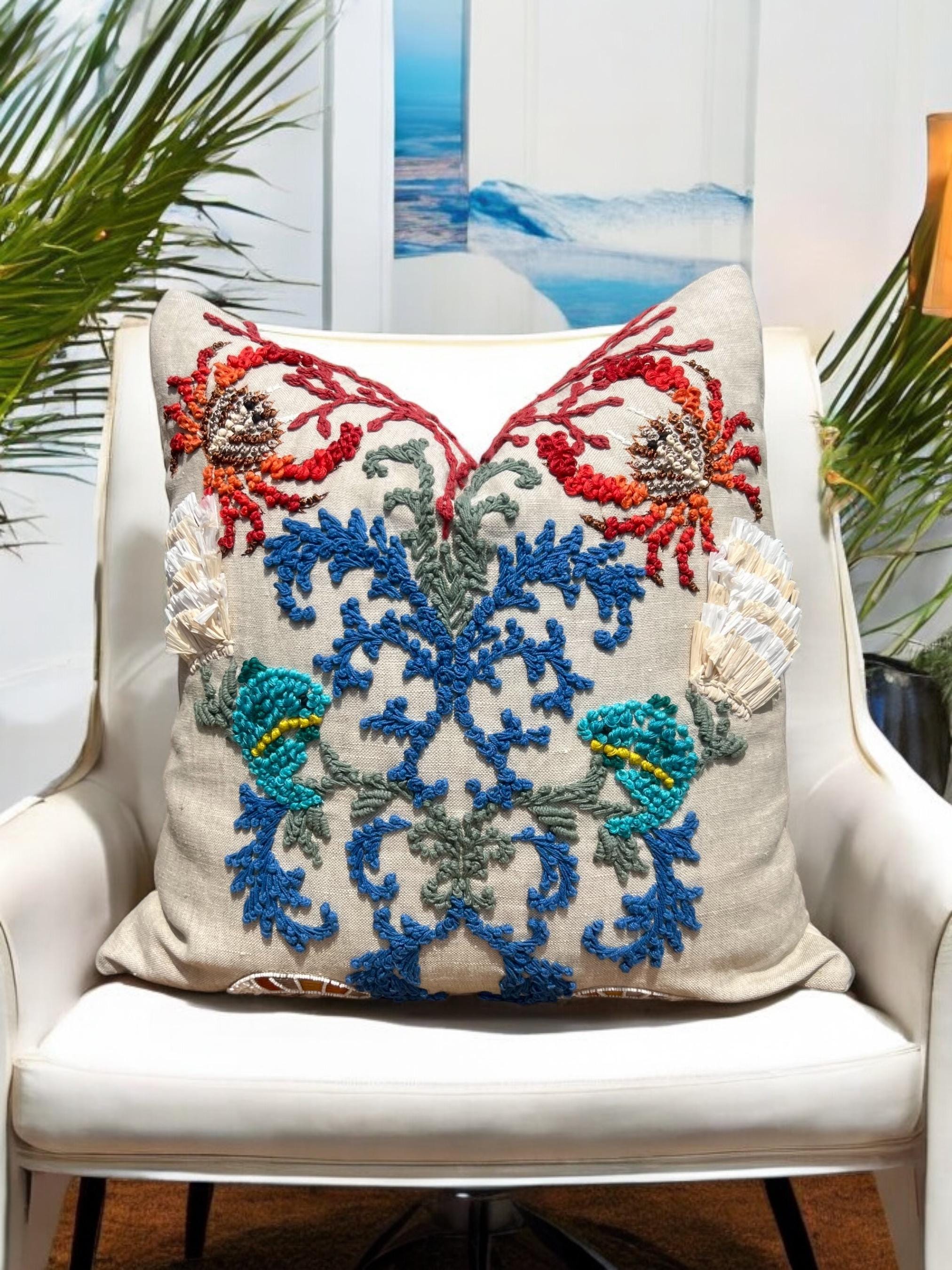 Schumacher Sea Life Embroidered Pillow – Luxury Coral Reef Cushion, Coastal Decor, Designer Embroidery Throw