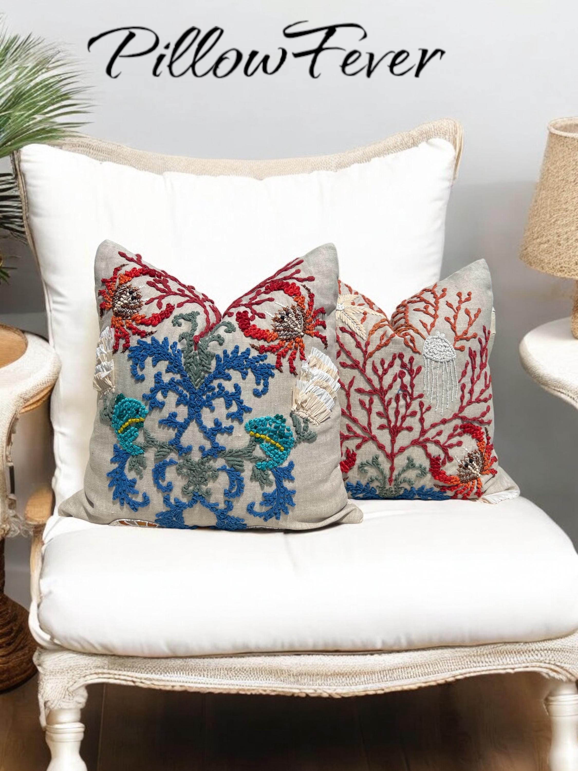 Schumacher Sea Life Embroidered Pillow – Luxury Coral Reef Cushion, Coastal Decor, Designer Embroidery Throw