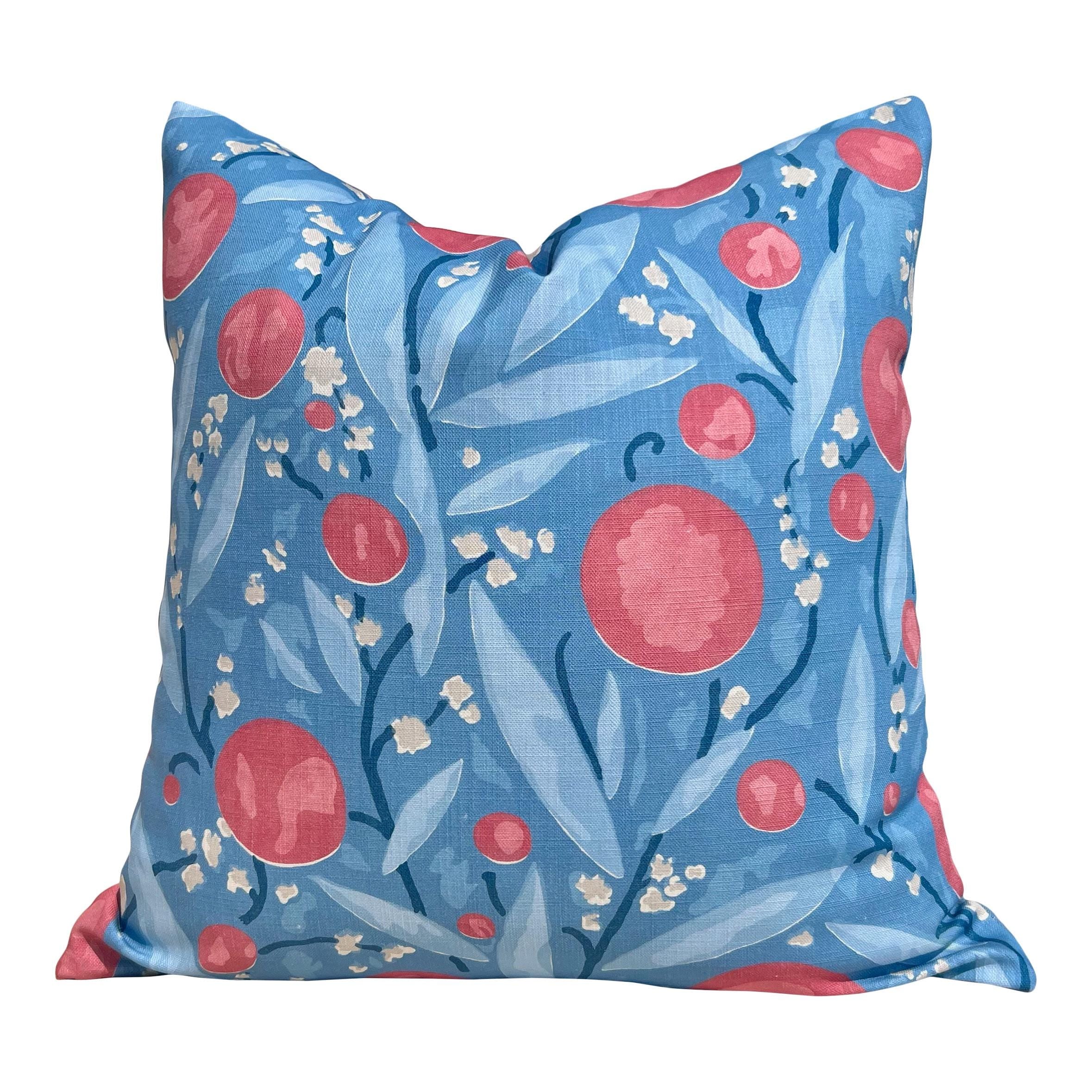 Schumacher Mirabelle Designer Pillow in Blue and Coral. Luxury Accent Cushion, Decorative Floral Throw, Decorative Modern Pillows