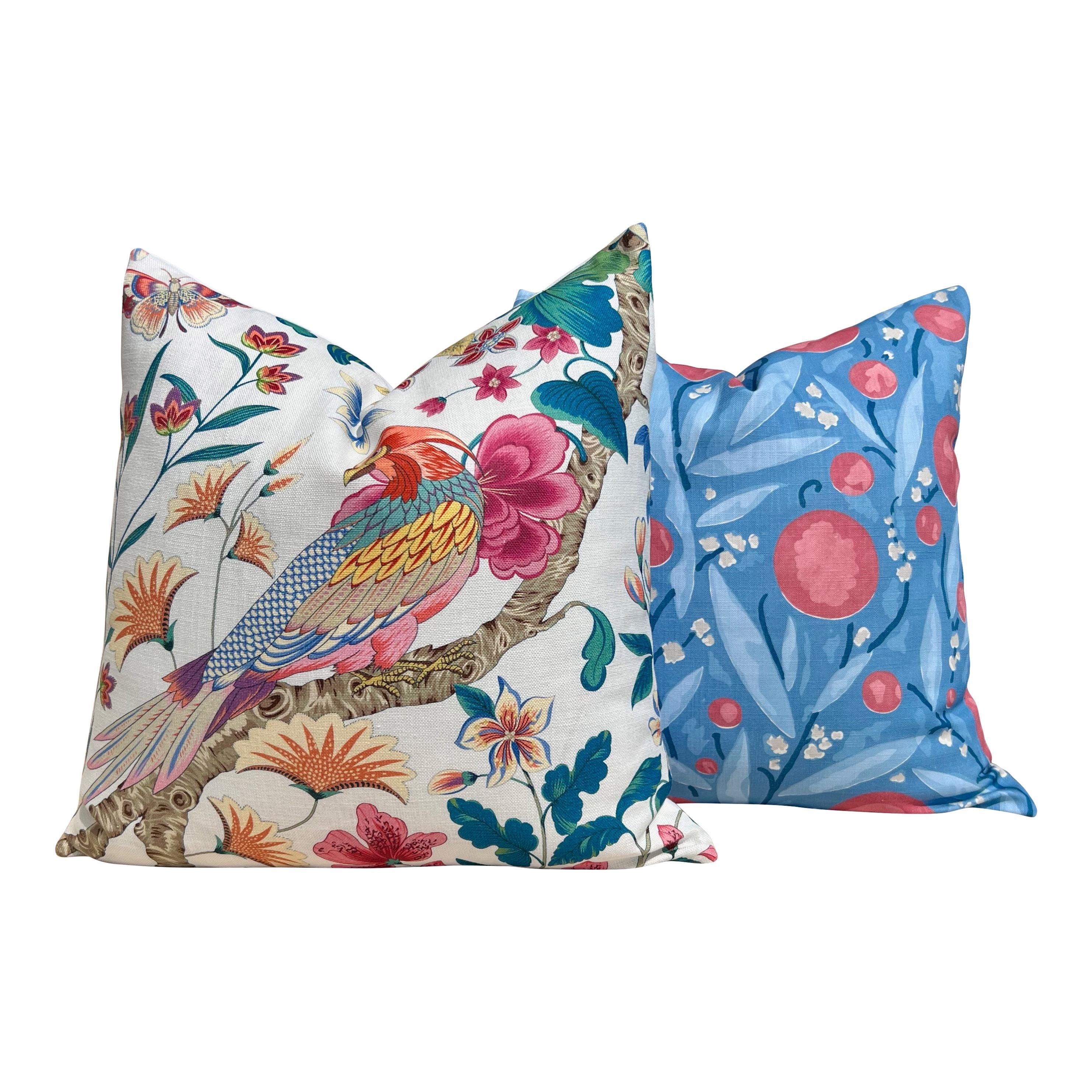 Schumacher Mirabelle Designer Pillow in Blue and Coral. Luxury Accent Cushion, Decorative Floral Throw, Decorative Modern Pillows