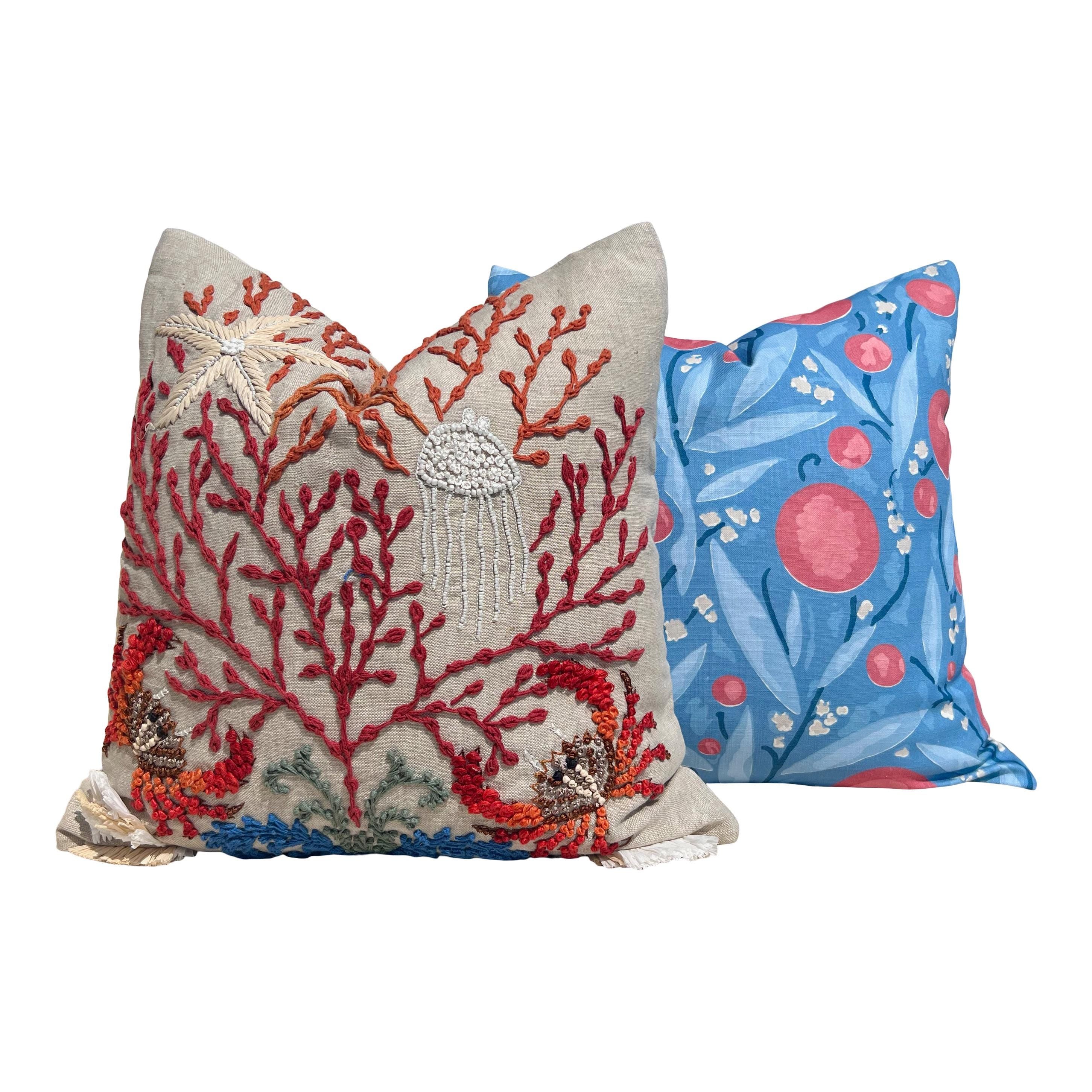 Schumacher Mirabelle Designer Pillow in Blue and Coral. Luxury Accent Cushion, Decorative Floral Throw, Decorative Modern Pillows