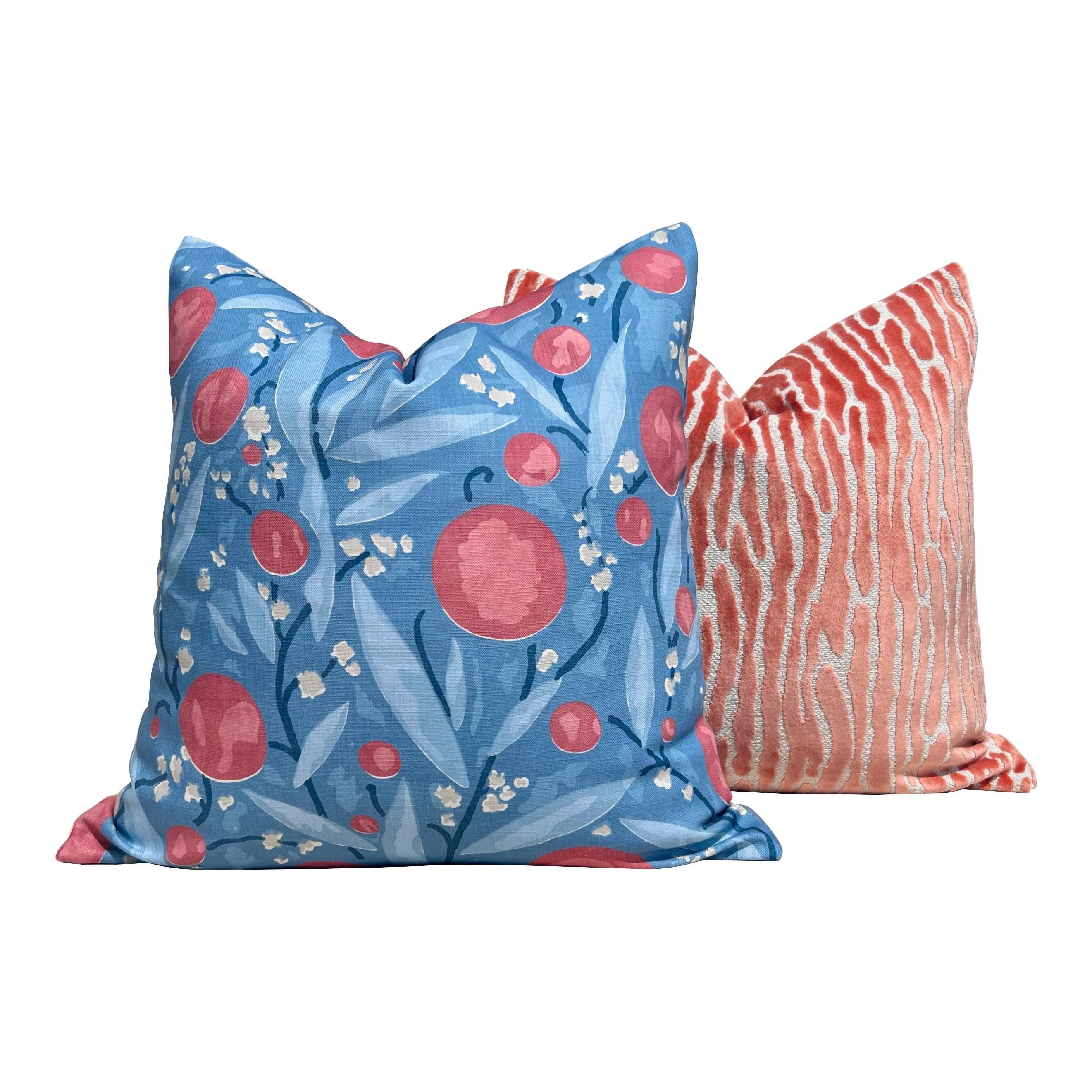 Schumacher Mirabelle Designer Pillow in Blue and Coral. Luxury Accent Cushion, Decorative Floral Throw, Decorative Modern Pillows