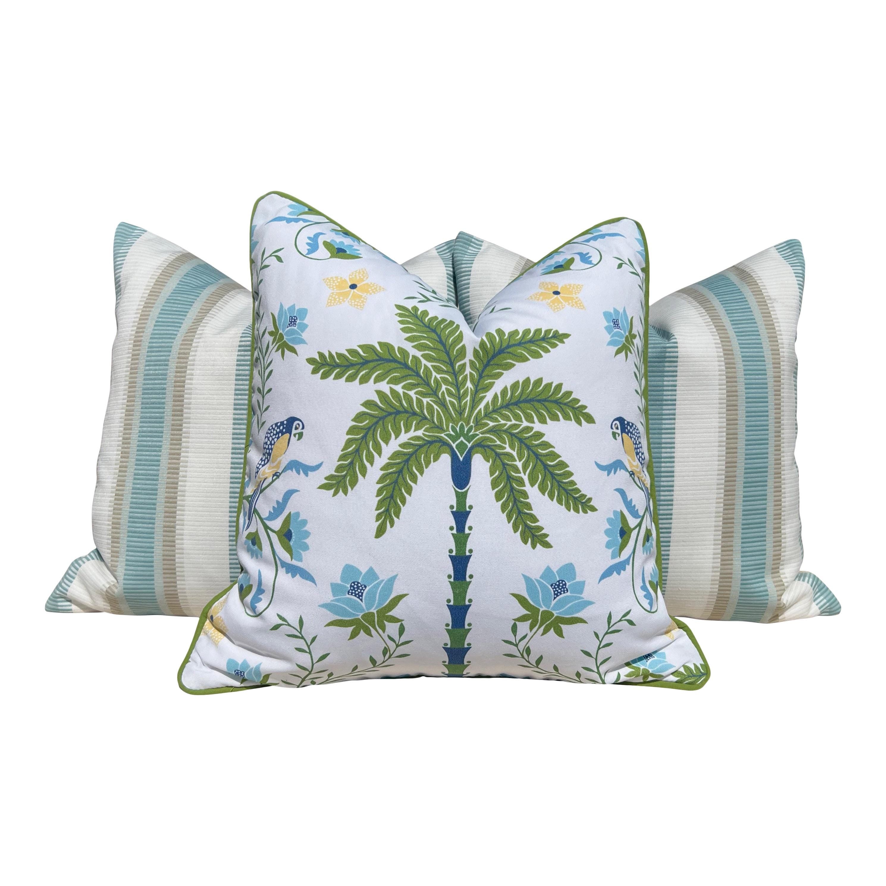 Thibaut Outdoor Woven Samba Stripe Pillow in Aqua. Outdoor Striped Pillow Cover Seaglass, Designer Accent Perfomance Cushions