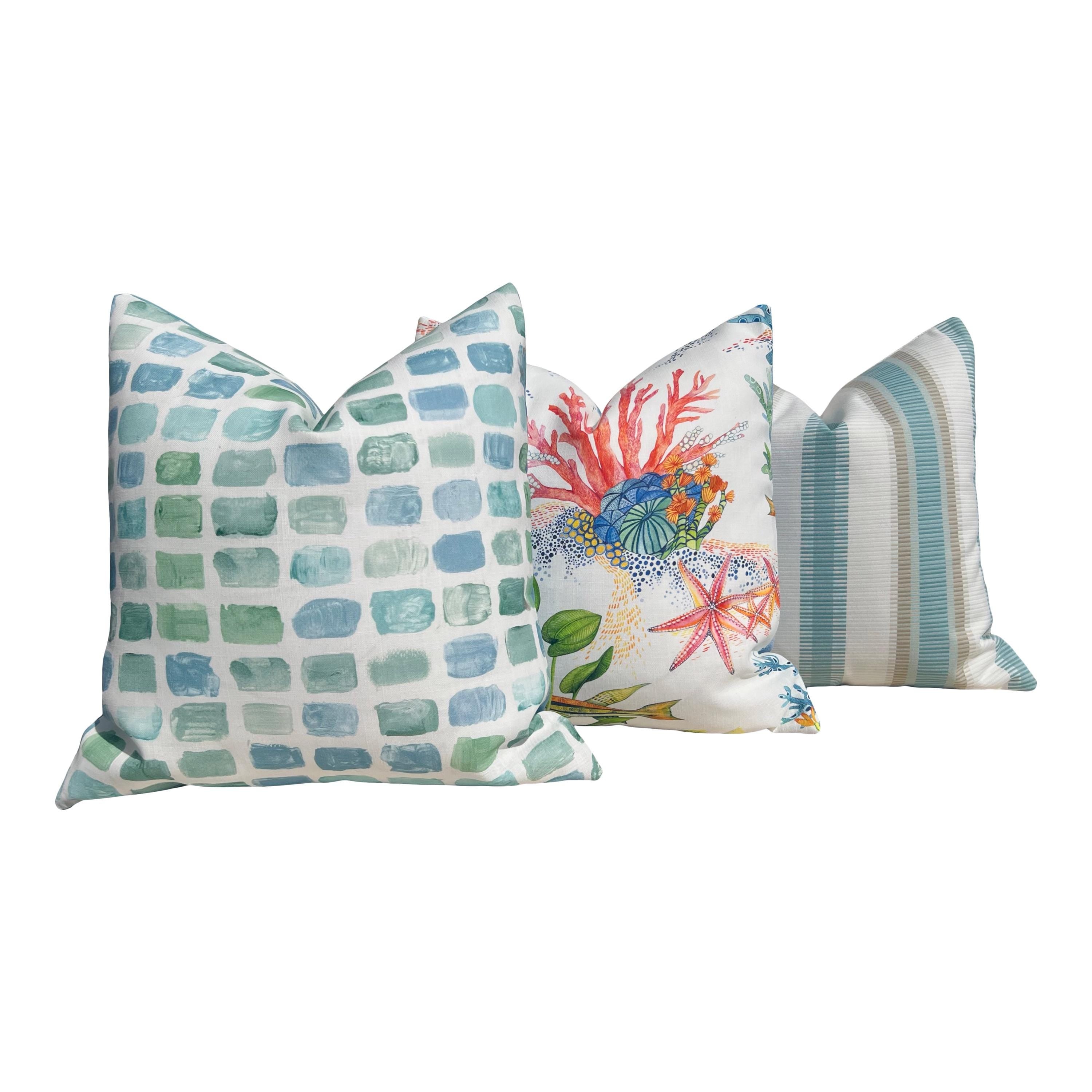Designer Coralline Outdoor Decorative Pillow in Blue and Coral. Outdoor Designer Pillow Covers, Accent Tropical Cushion Covers Sea Life