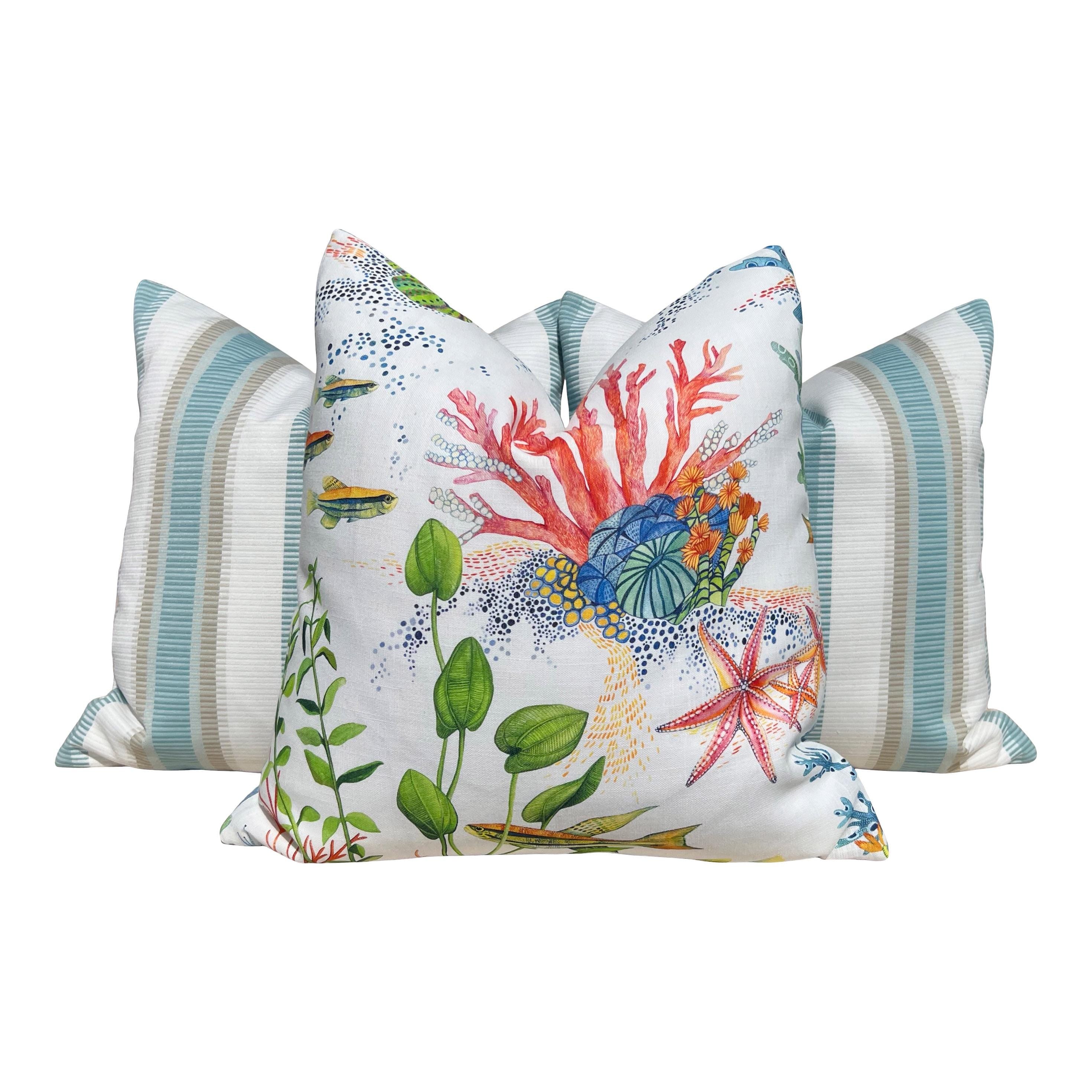 Designer Coralline Outdoor Decorative Pillow in Blue and Coral. Outdoor Designer Pillow Covers, Accent Tropical Cushion Covers Sea Life