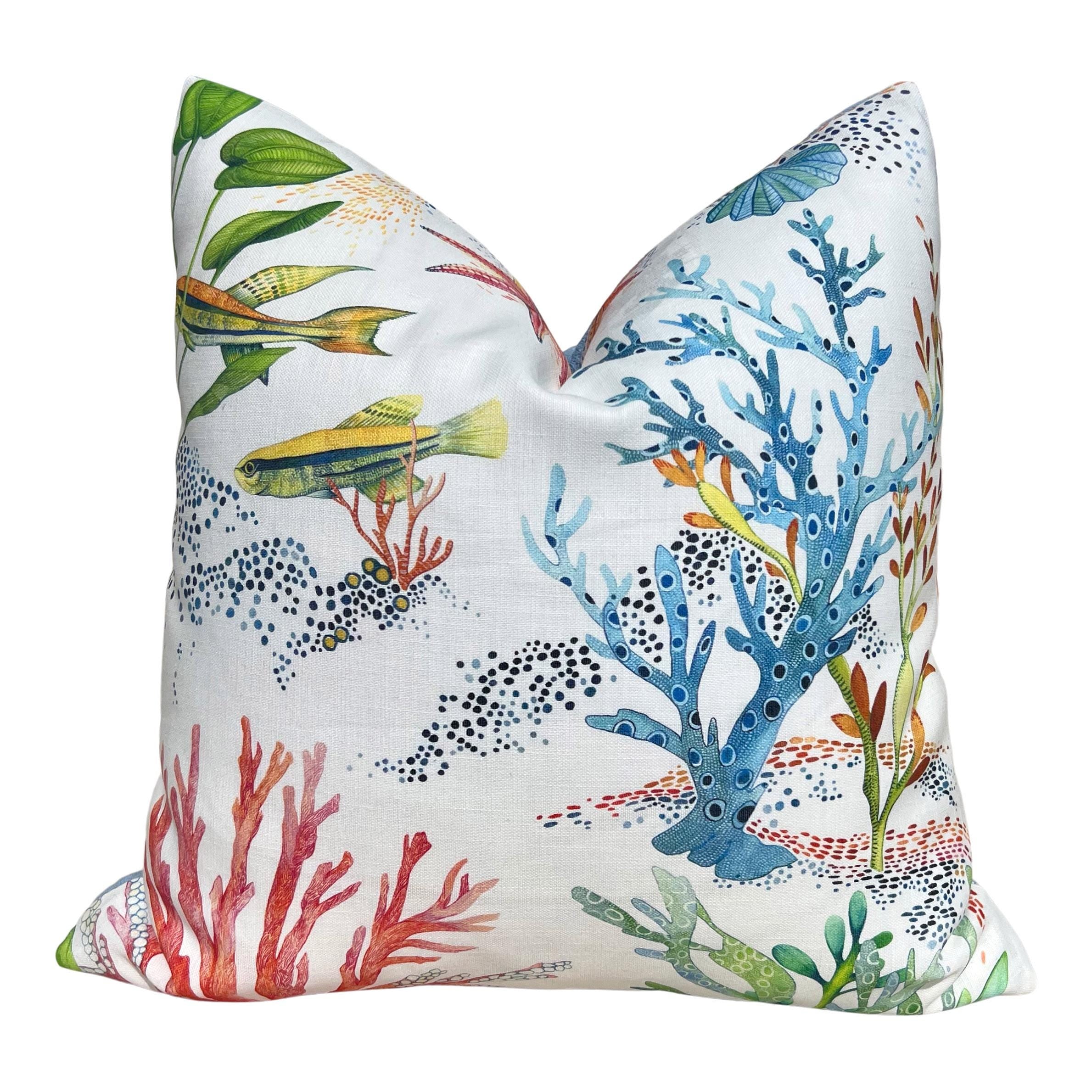 Designer Coralline Outdoor Decorative Pillow in Blue and Coral. Outdoor Designer Pillow Covers, Accent Tropical Cushion Covers Sea Life