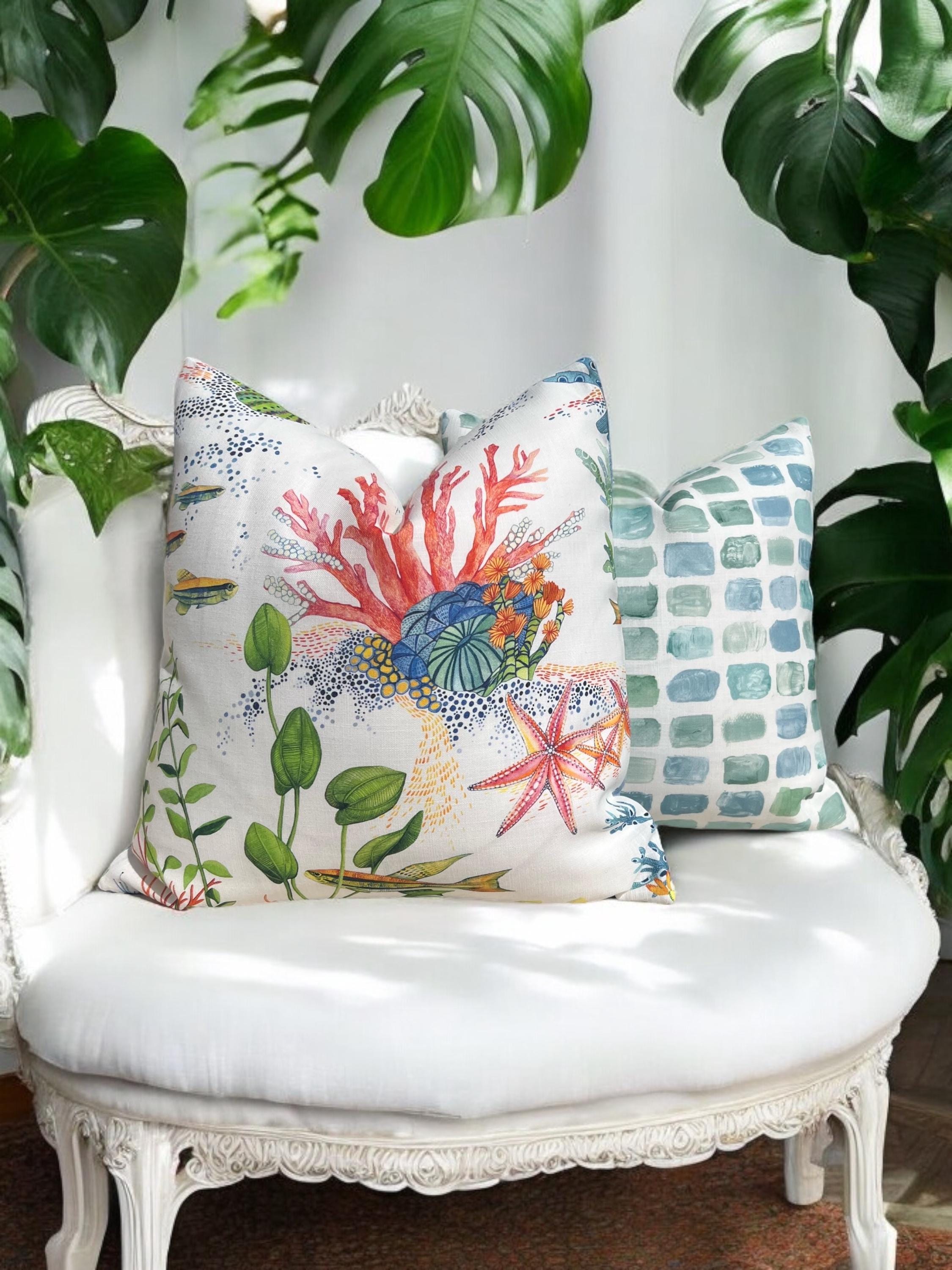 Designer Coralline Outdoor Decorative Pillow in Blue and Coral. Outdoor Designer Pillow Covers, Accent Tropical Cushion Covers Sea Life