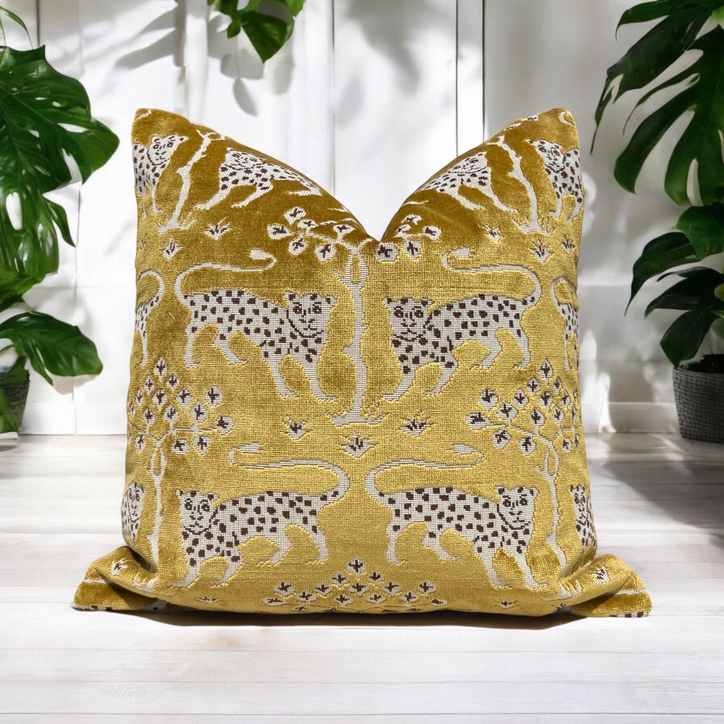Schumacher Gold Velvet Pillow with Leopard Print, Luxury Designer Cushion, Bronze Accent Home Decor, Decorative Pillow Covers
