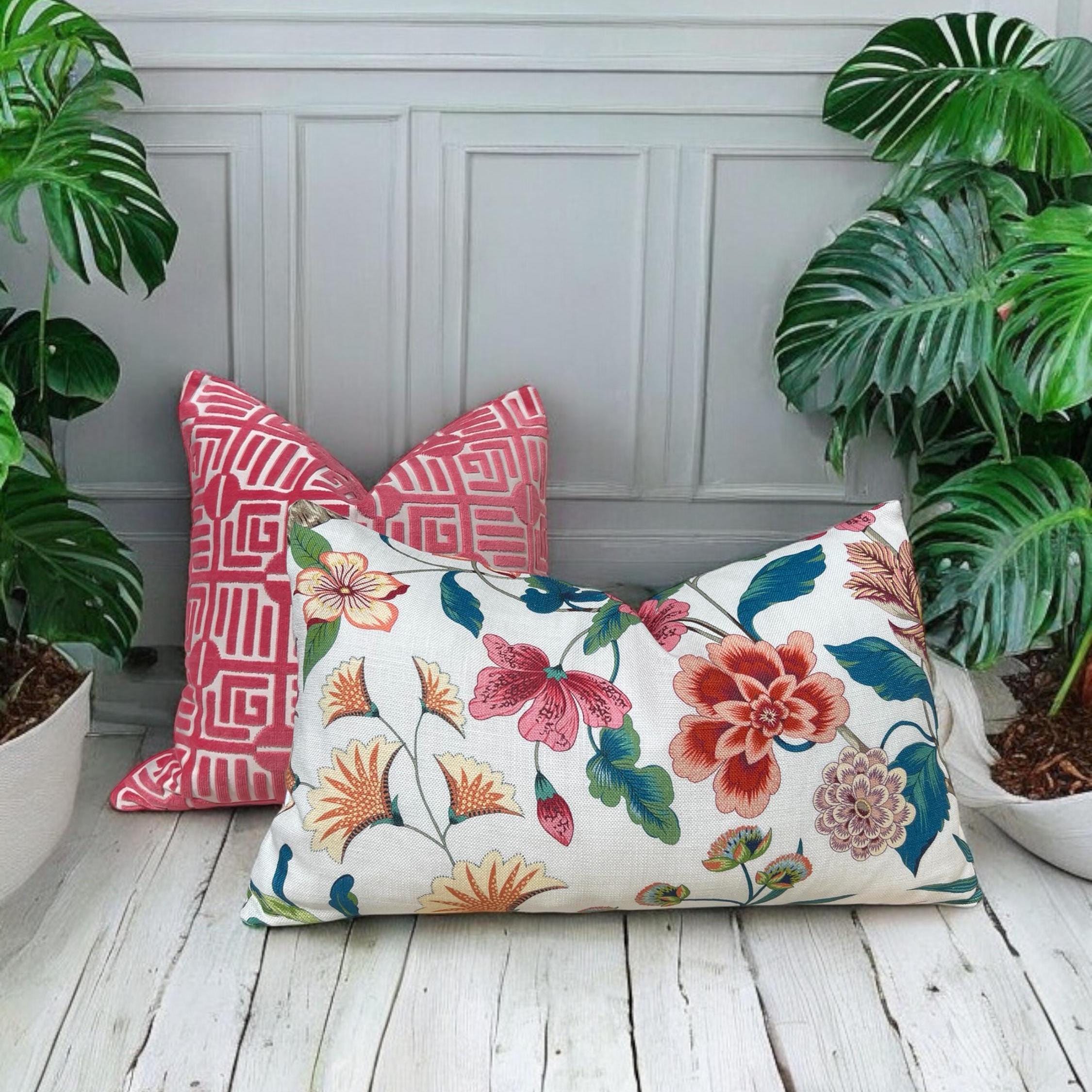 Thibaut Labyrinth Velvet Pillow in Coral. High End Designer Raised Velvet Cushion Covers, Accent Geometric Velvet Pillows, Decorative Pillow