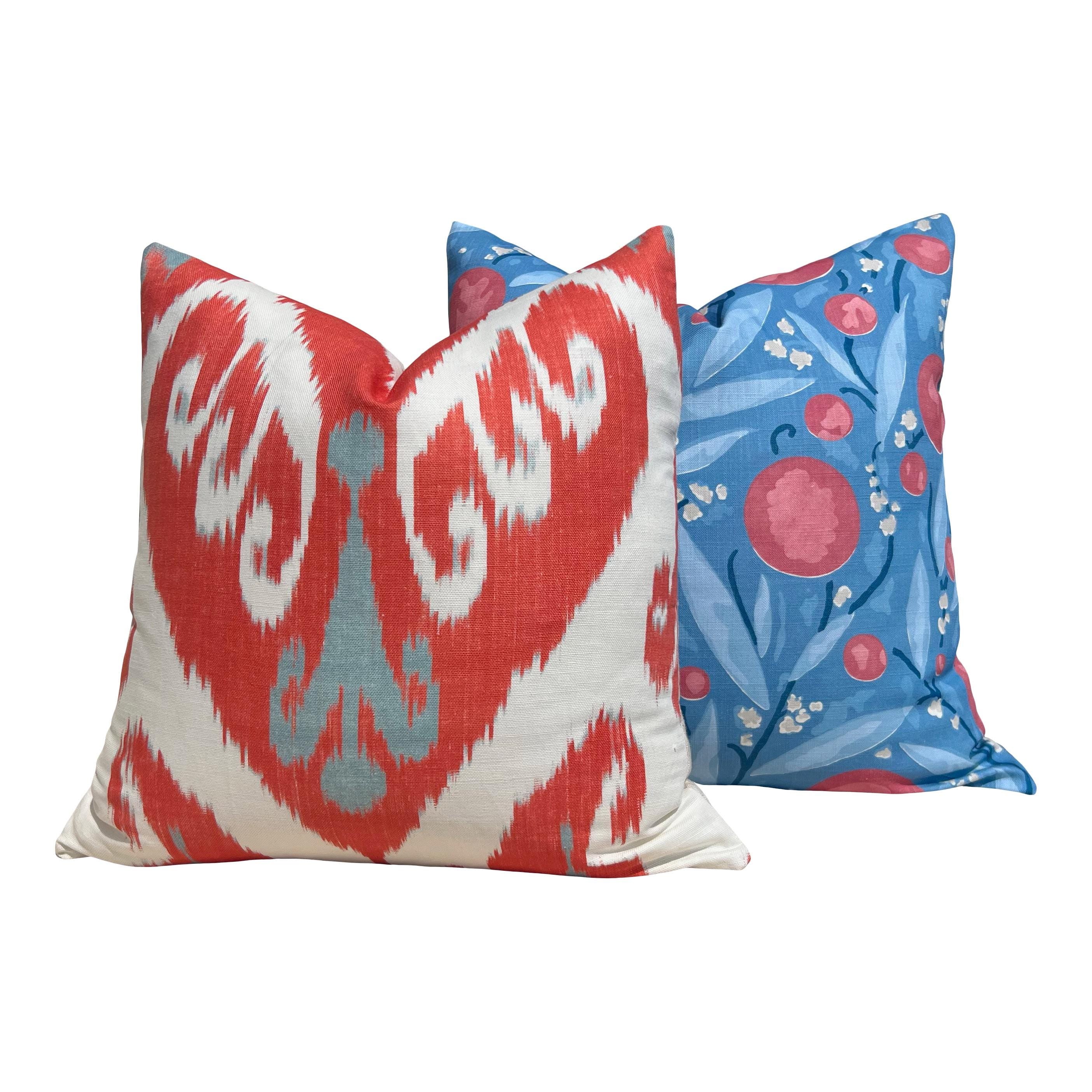 Schumacher Mirabelle Designer Pillow in Blue and Coral. Luxury Accent Cushion, Decorative Floral Throw, Decorative Modern Pillows