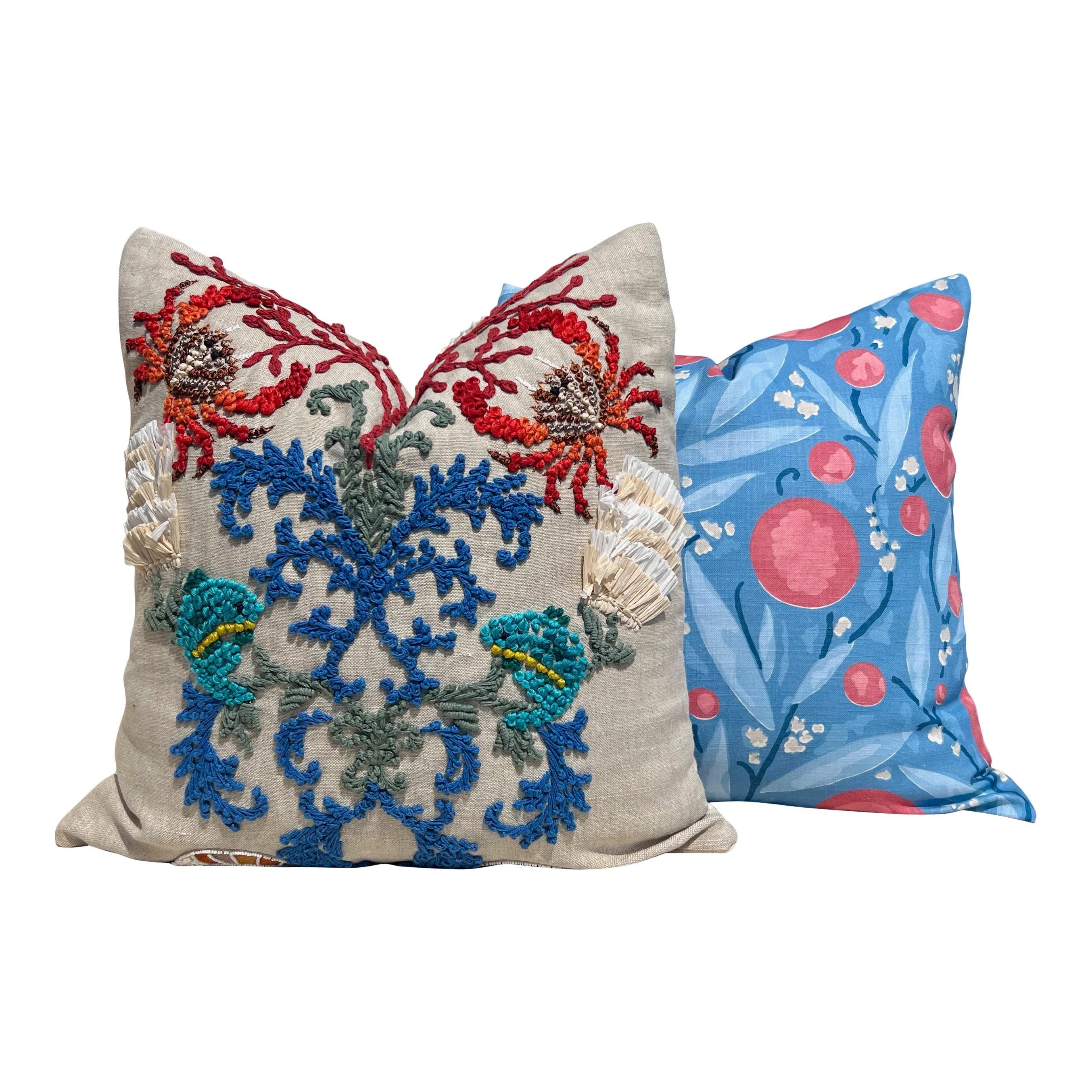 Schumacher Mirabelle Designer Pillow in Blue and Coral. Luxury Accent Cushion, Decorative Floral Throw, Decorative Modern Pillows