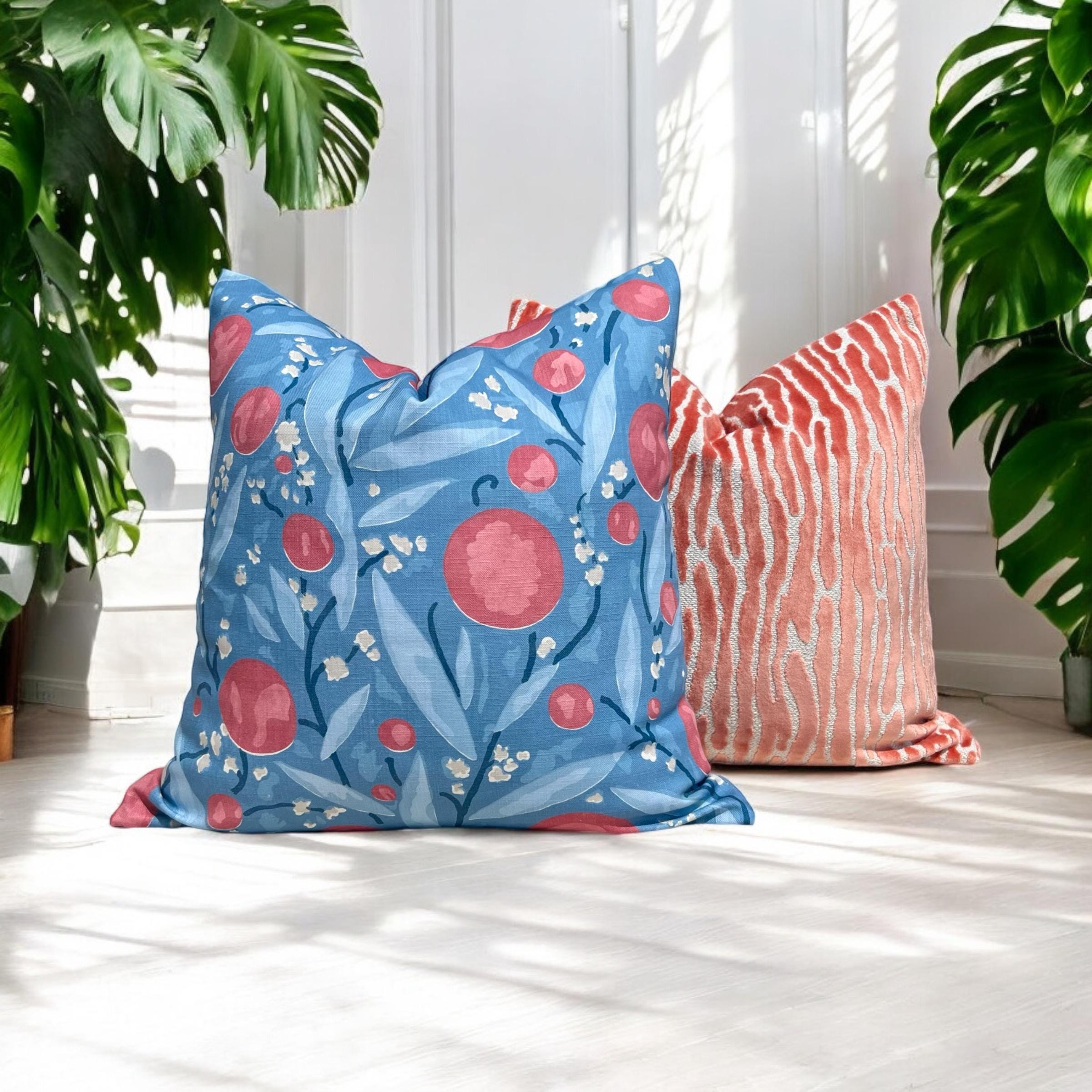 Schumacher Mirabelle Designer Pillow in Blue and Coral. Luxury Accent Cushion, Decorative Floral Throw, Decorative Modern Pillows