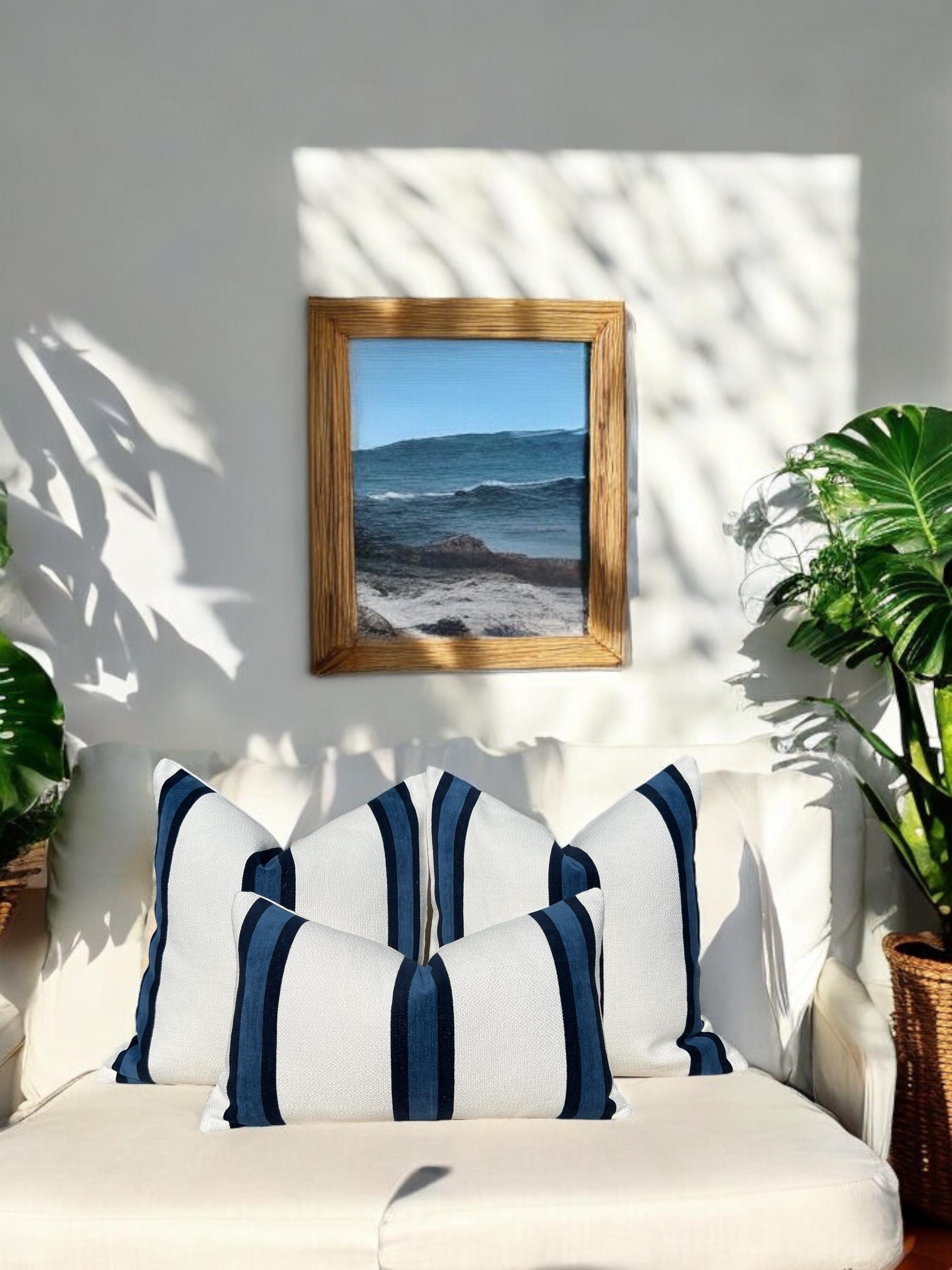 Abito Stripe Woven Pillow in White and Navy, Textured Decorative Throw Pillow, Coastal Home Decor Accent, Blue Modern Cushions