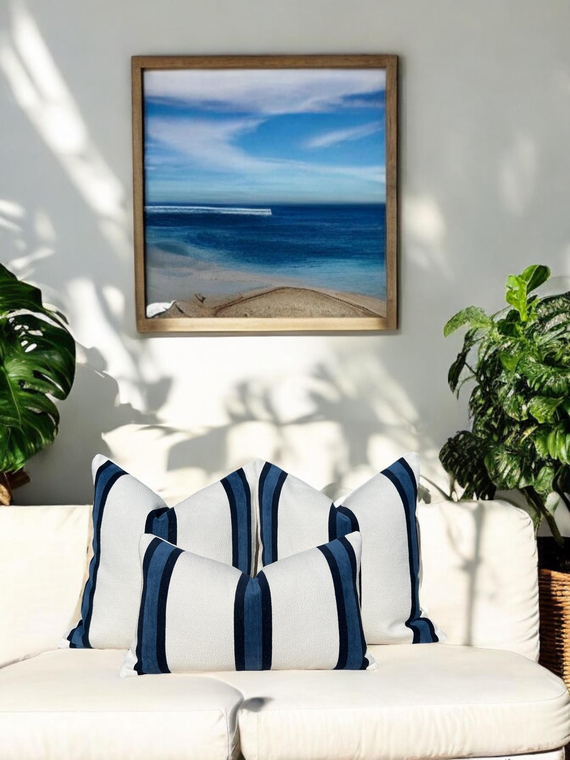 Abito Stripe Woven Pillow in White and Navy, Textured Decorative Throw Pillow, Coastal Home Decor Accent, Blue Modern Cushions