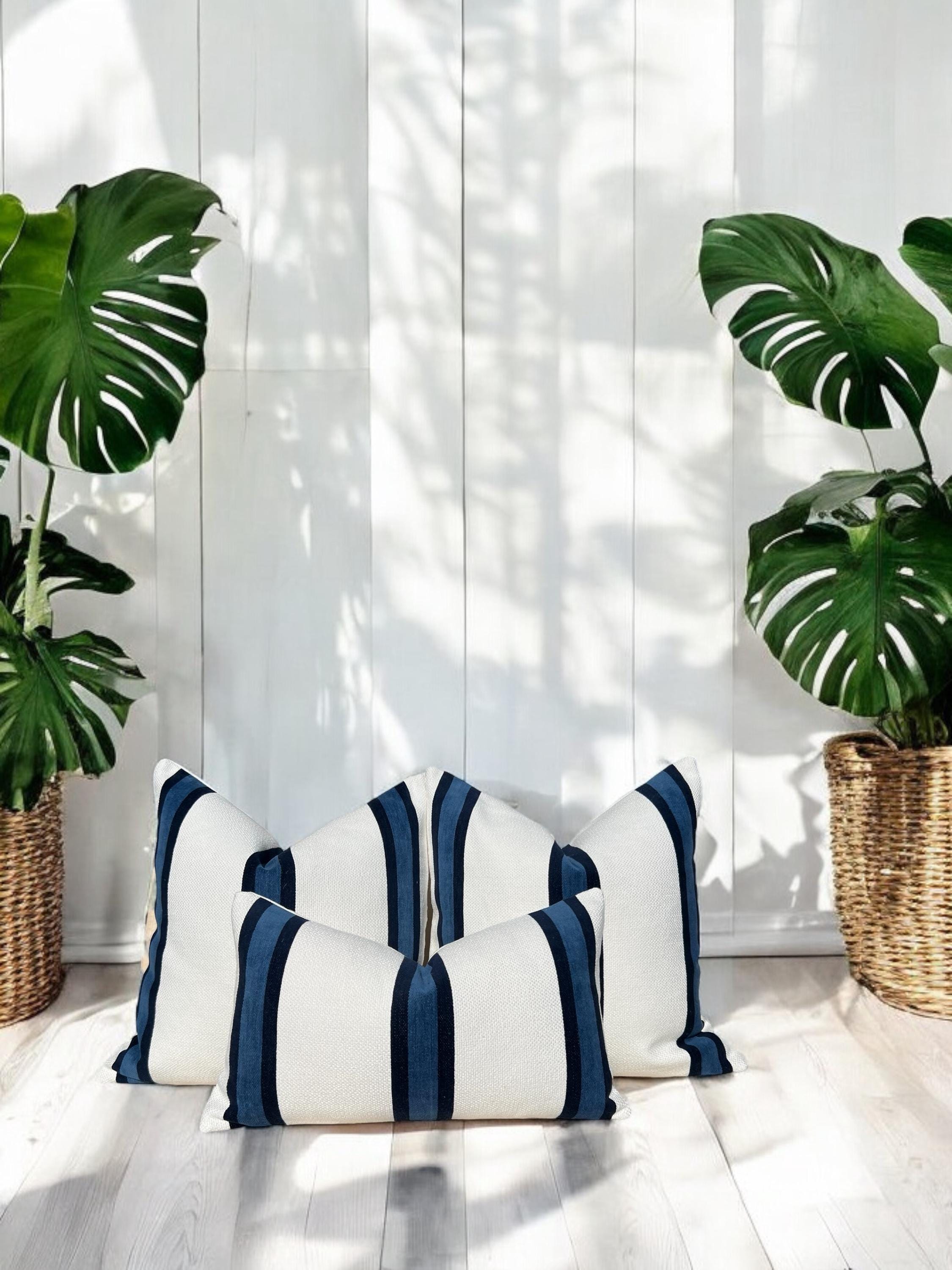 Abito Stripe Woven Pillow in White and Navy, Textured Decorative Throw Pillow, Coastal Home Decor Accent, Blue Modern Cushions