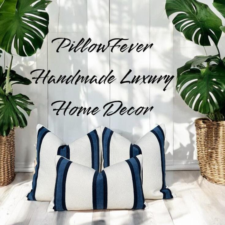 Abito Stripe Woven Pillow in White and Navy, Textured Decorative Throw Pillow, Coastal Home Decor Accent, Blue Modern Cushions